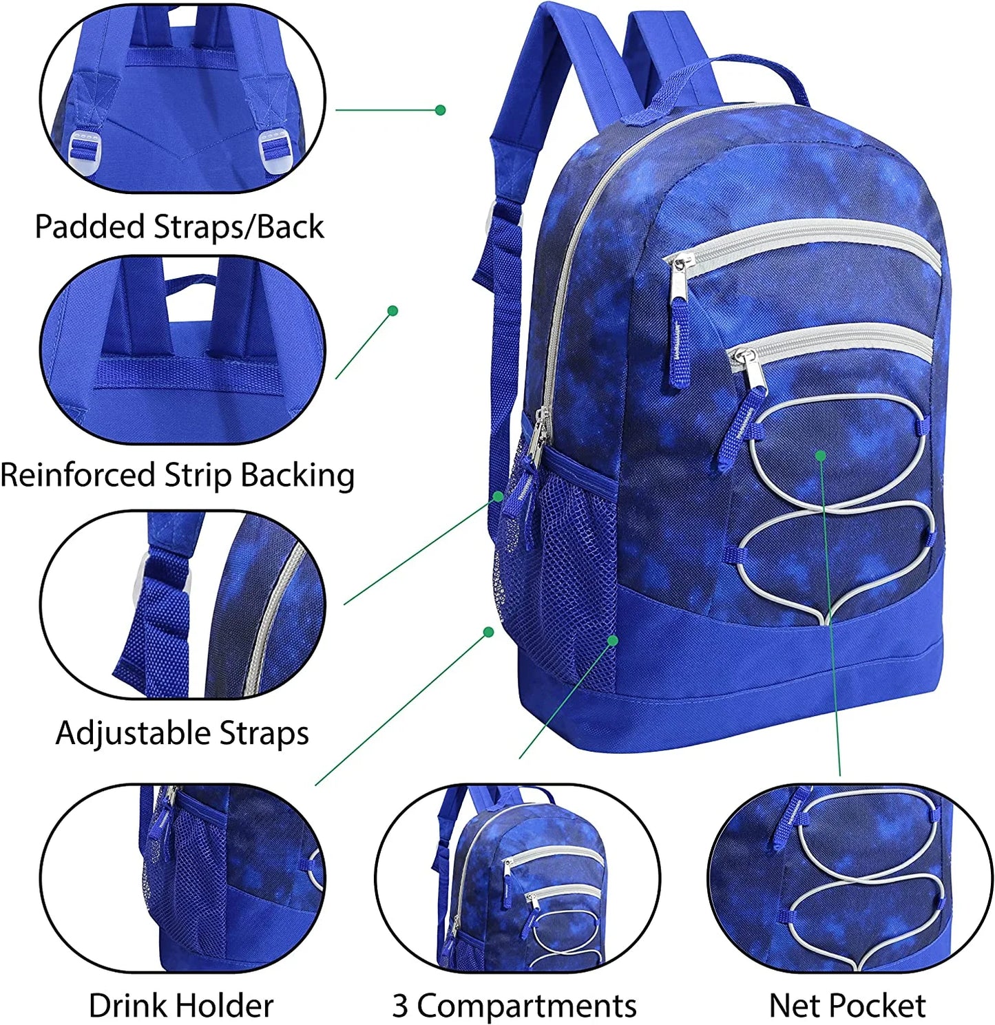 17 Inch Bulk Backpacks with 52 Piece Wholesale School Supply Kits in 8 Assorted Styles - Case of 8 Pack Bundle