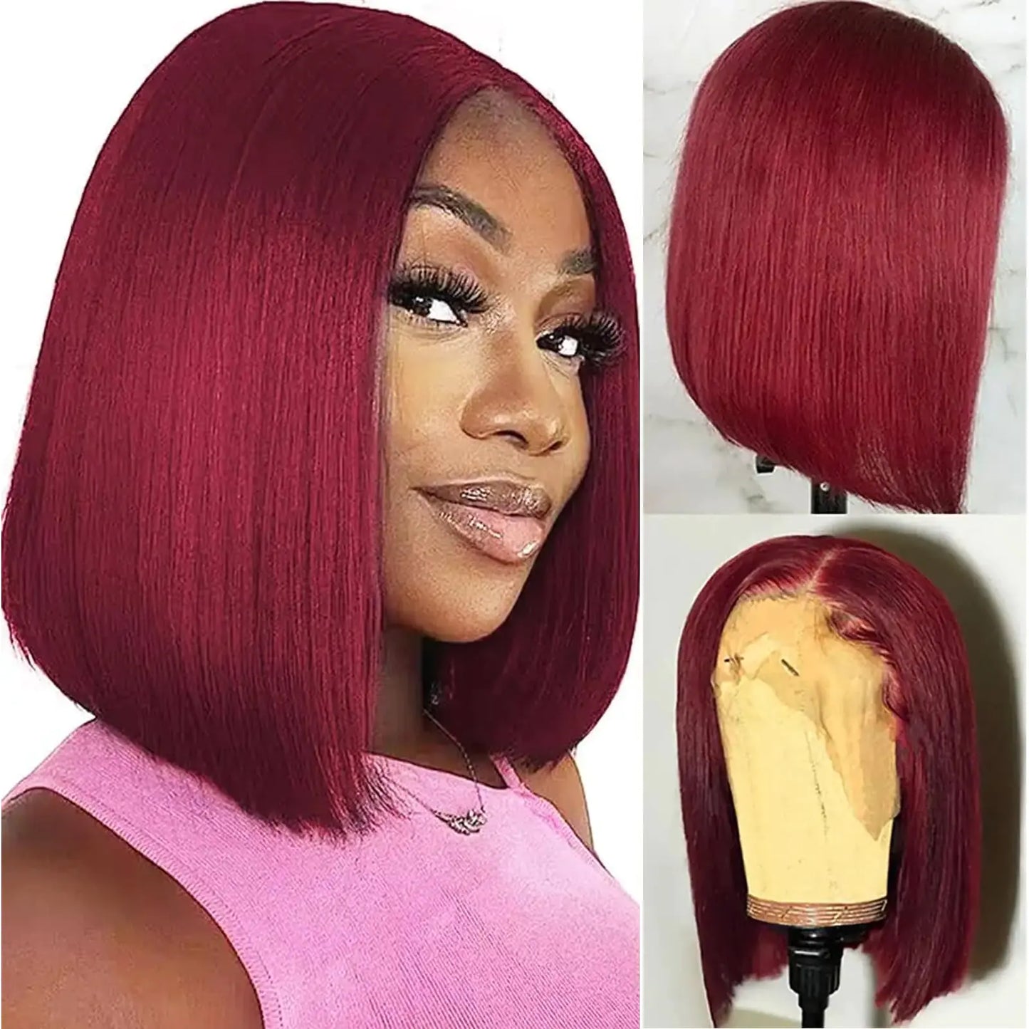 99j Burgundy Lace Front Wigs Human Hair 10 Inch Bob Wig Human Hair 13x4 Lace Front Wigs Human Hair Pre Plucked 180% Density Short Straight Bob Wig Natural Hairline Wine Red Wigs for Black Women