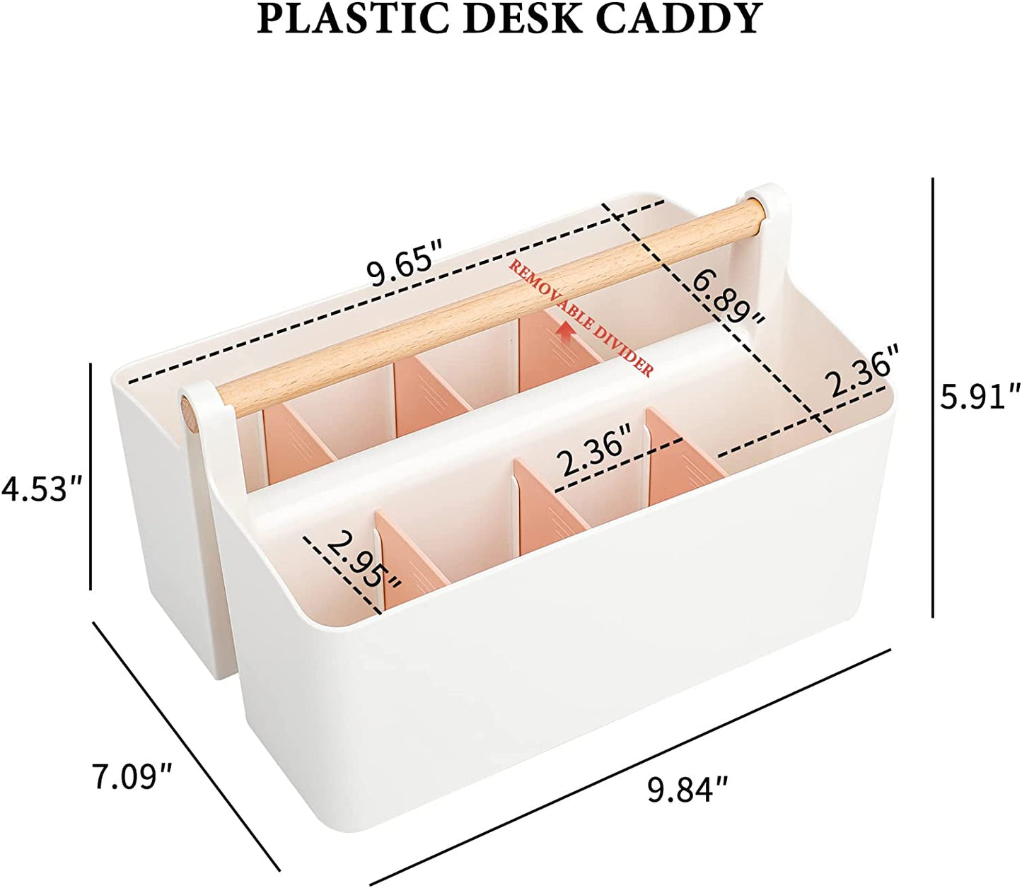 Large Marker Pen Organizer for Desk, Adjustable Pencil Holder for Home Office, Plastic Storage Basket with Wooden Handle for School, Classroom, Art Crafts Supply Caddy (White/Pink - 2 Pack)