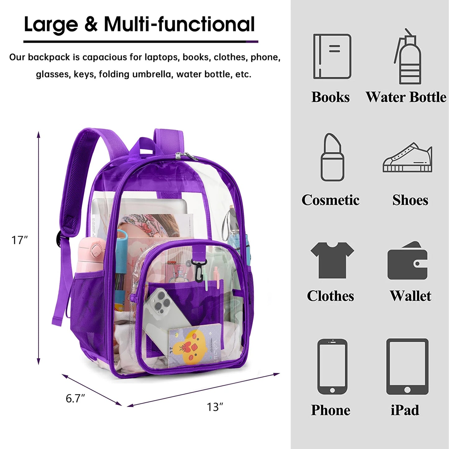 Clear Backpack Heavy Duty Stadium Approved Waterproof PVB Transparent Book Bag with Reinforced Strap for School Work Travel Festival, Purple