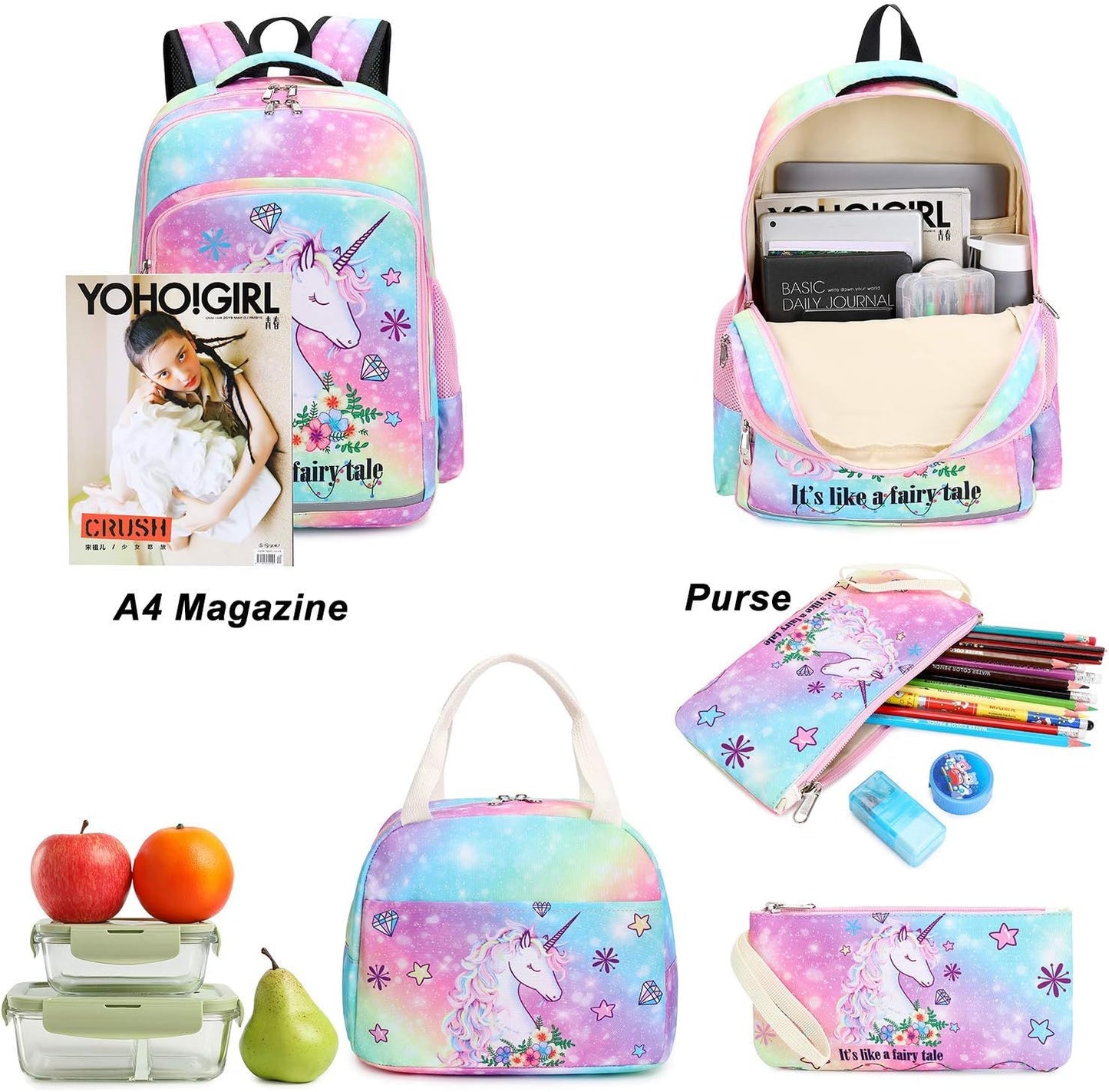 Girls Backpack Kids Boys Elementary Bookbag Girly School Bag with Insulated Lunch Tote and Pencil Pouch