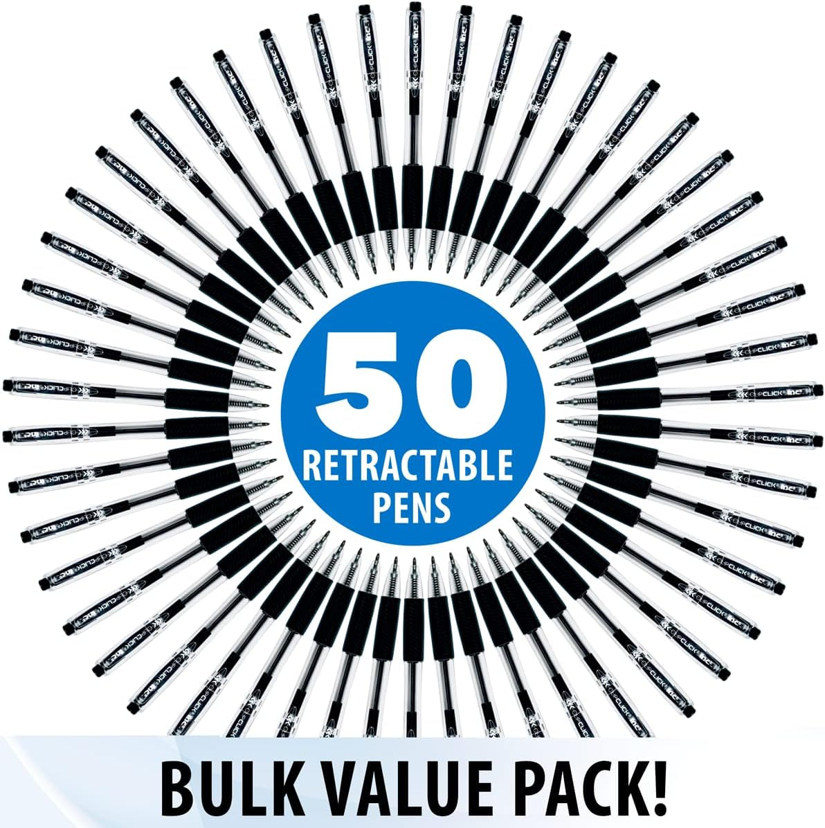 Clipclicks Retractable Ballpoint Pens - Bulk 1.0-Mm Medium-Point Pen Set with Comfort Grip for School, Office, Writing, and Journaling, 50 Count, Black