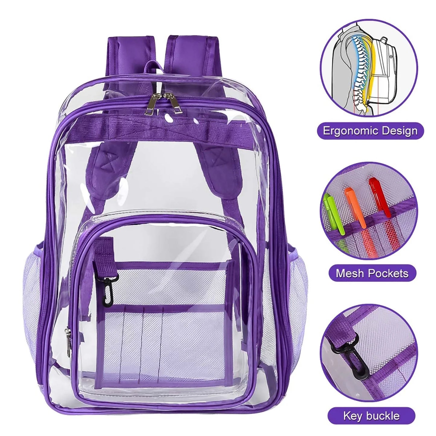 Clear Backpack Heavy Duty Stadium Approved Waterproof PVB Transparent Book Bag with Reinforced Strap for School Work Travel Festival, Purple