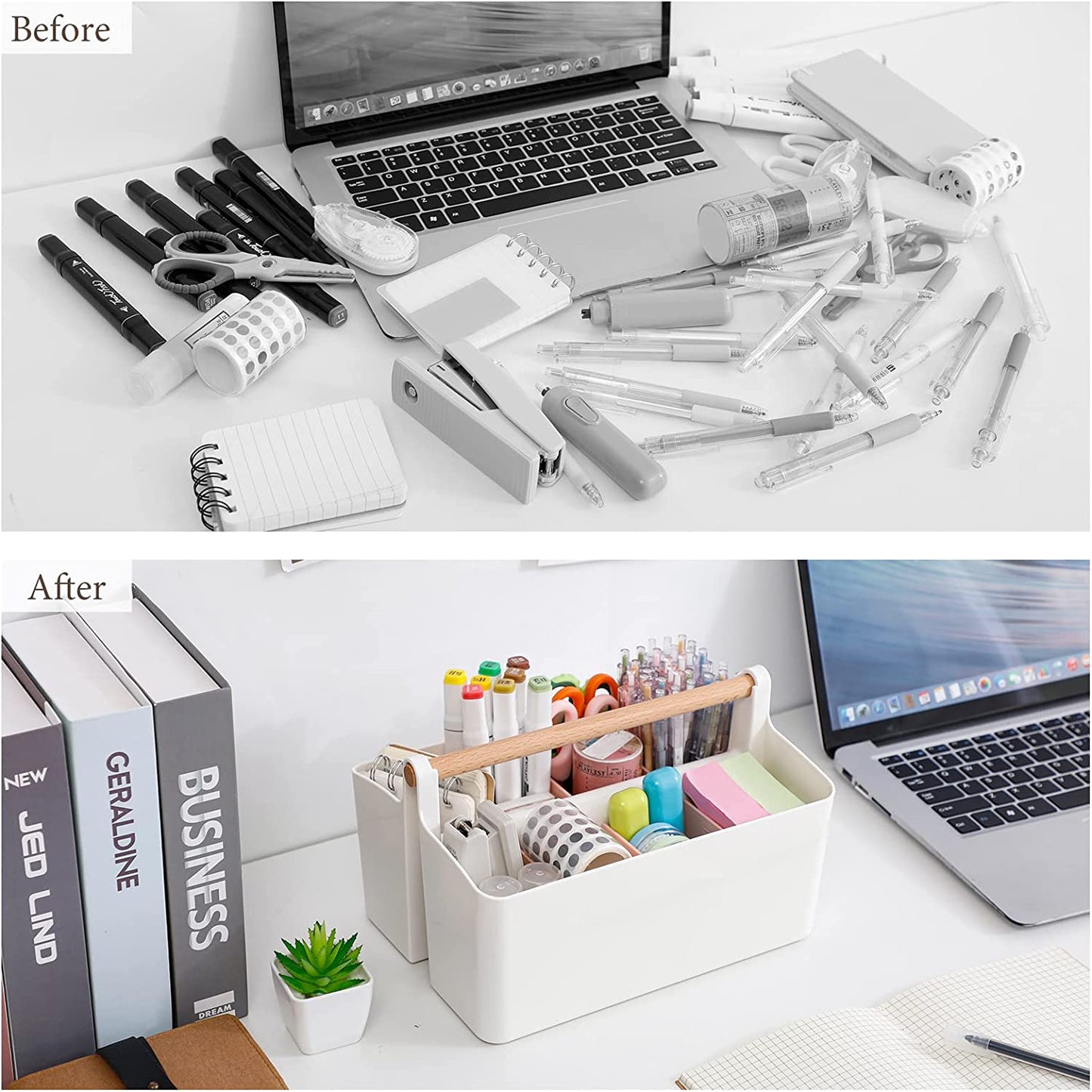 Large Marker Pen Organizer for Desk, Adjustable Pencil Holder for Home Office, Plastic Storage Basket with Wooden Handle for School, Classroom, Art Crafts Supply Caddy (White/Pink - 2 Pack)
