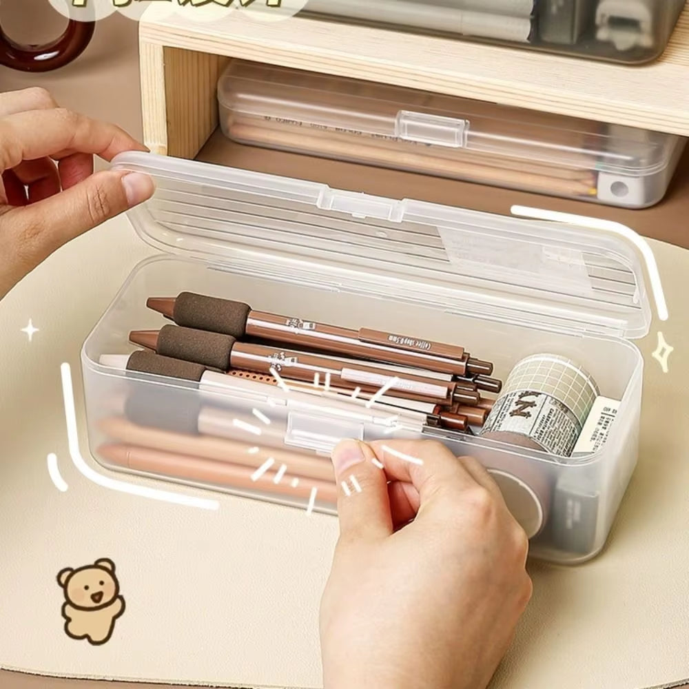 2024 Pencil Cases Pens Storage School Office Simple Plastic Transparent Plastic Box Large Capacity School Stationery Supplies
