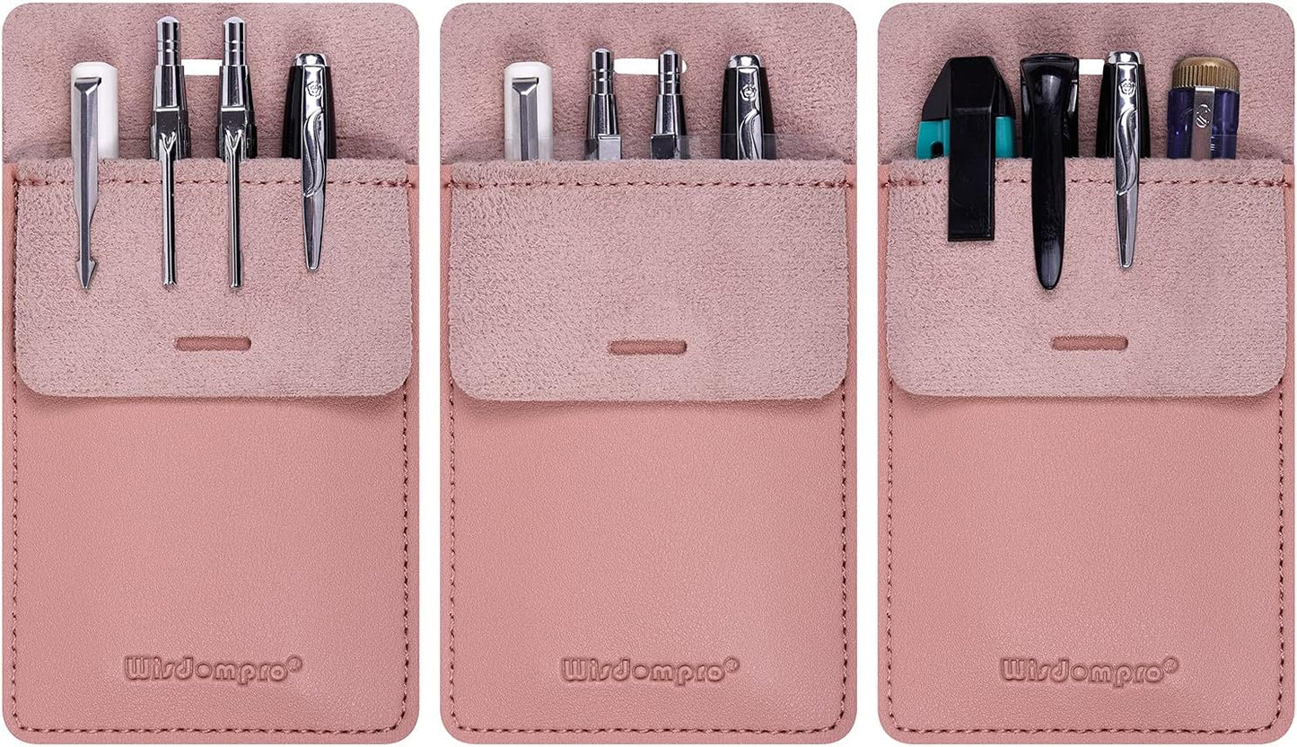 Pocket Protector, 3 Pack PU Leather Heavy Duty Pen Holder Pouch for Shirts, Lab Coats, Pants - Multi-Purpose - Holds Pens, Pointers, Pencils, and Notes - Pink