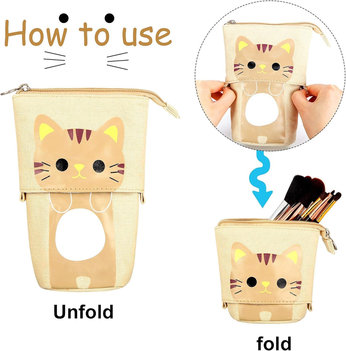 2 Pieces Cute Stand up Pencil Case Canvas PU Cat Pencil Holder Sliding Cartoon Telescopic Pencil Pouch Kitty Pen Organizer Bag with Zippers (Black and Brown Cat)