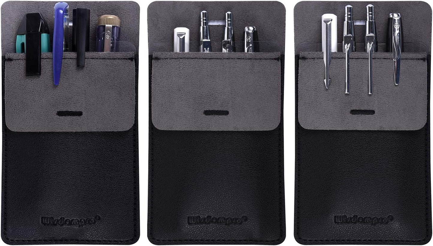 Pocket Protector, 3 Pack PU Leather Heavy Duty Pen Holder Pouch for Shirts, Lab Coats, Pants - Multi-Purpose - Holds Pens, Pointers, Pencils, and Notes - Black