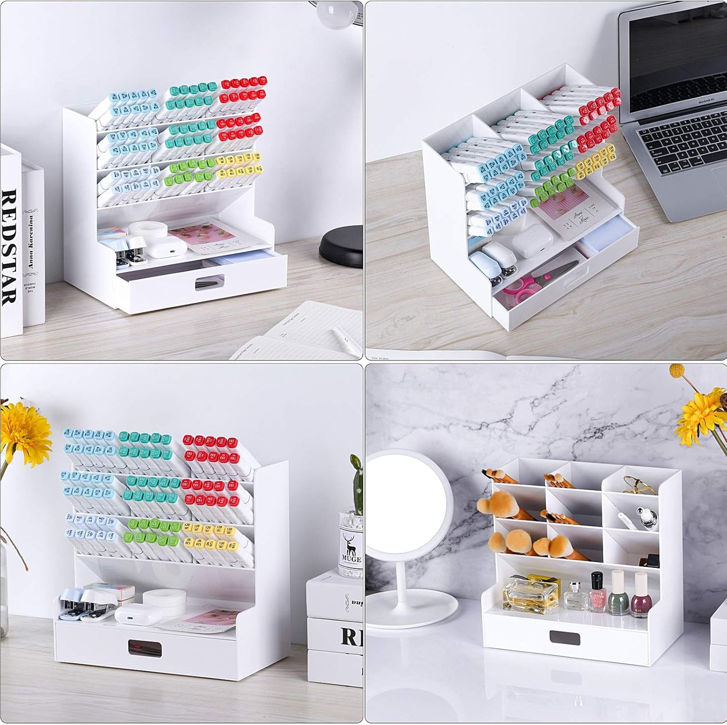 Acrylic Pen Organizer, Multi-Functional Desk Organizer Pen Holder Stationery, Marker Pen Organizer Storage & Art Supplies for Office, School, Home, White