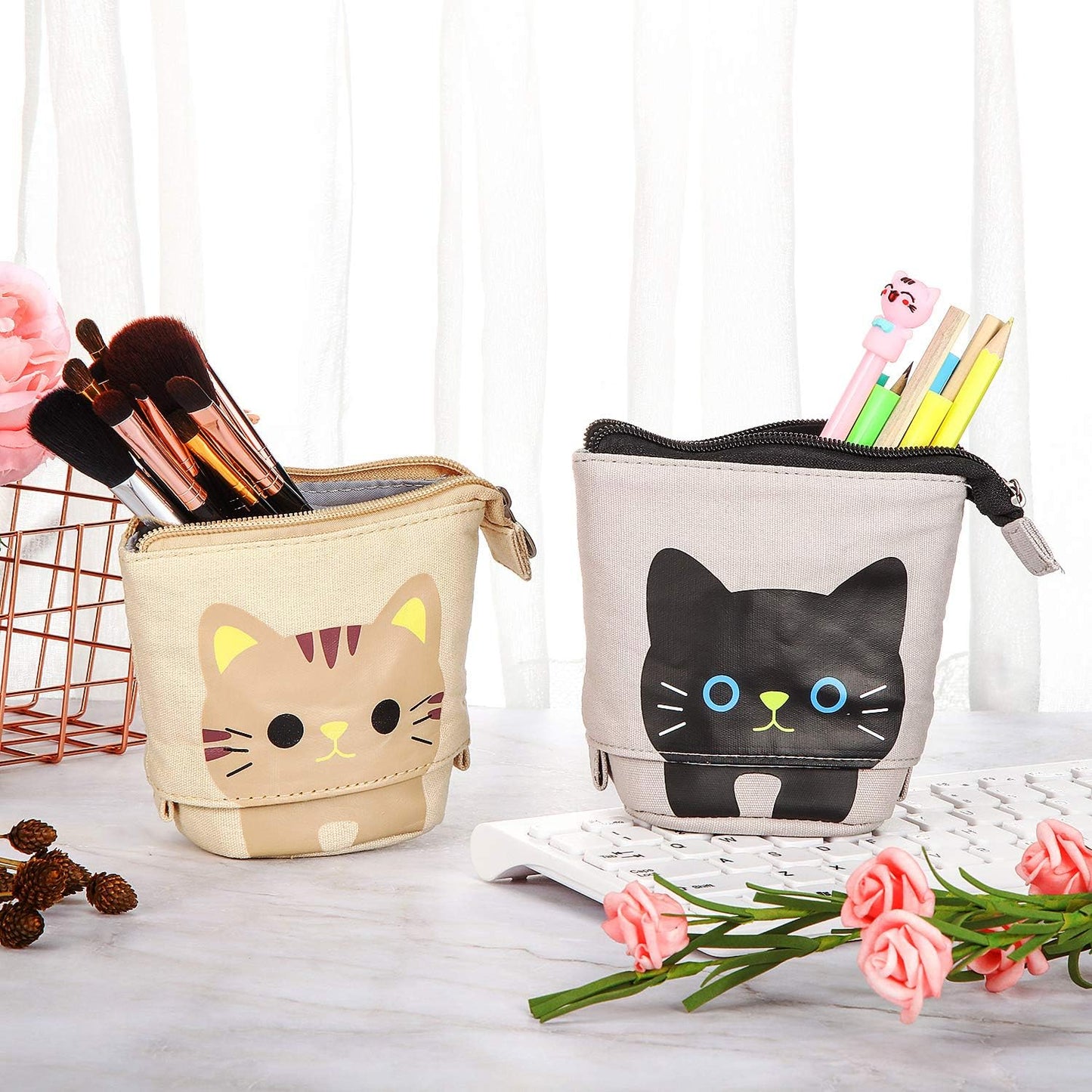 2 Pieces Cute Stand up Pencil Case Canvas PU Cat Pencil Holder Sliding Cartoon Telescopic Pencil Pouch Kitty Pen Organizer Bag with Zippers (Black and Brown Cat)