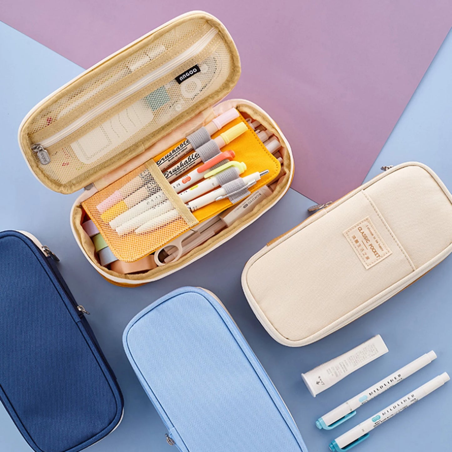 Double Zipper Pencil Case, Canvas, Multicolor
