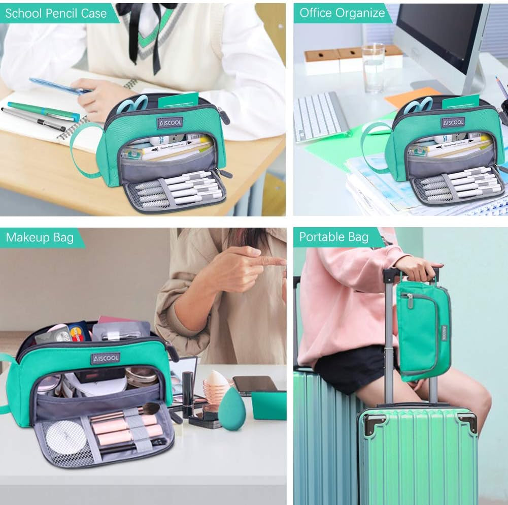 Big Capacity Pencil Case Bag Pen Pouch Holder Large Storage Stationery Organizer for School Supplies Office College (Green)