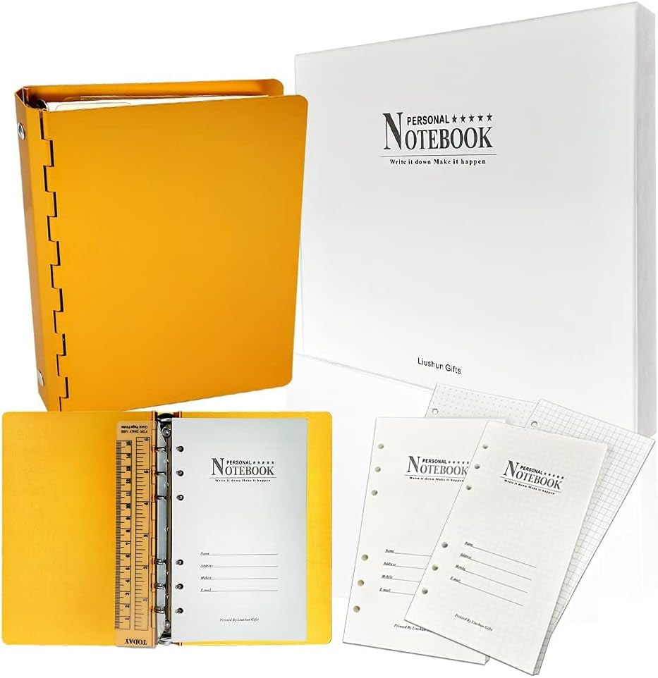 Notebook Daily Journal Writing Lined Metal Aluminum A6 Refill Paper Ring Binder 100Gsm 80 Sheets (160 Pages) Notebooks with Scale Rule, Inner Pocket in Gift Box for Work, Note Taking, Women, Men, Adults, Offices, Schools, Christmas, Birthday, Anniversary (Gold, A5)