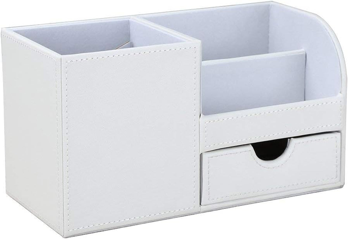 Desk Organizer Office Supplies Caddy Pu Leather Multi-Function Storage Box Pen/Pencil,Cell Phone, Business Name Cards Remote Control Holder with Small Drawer White