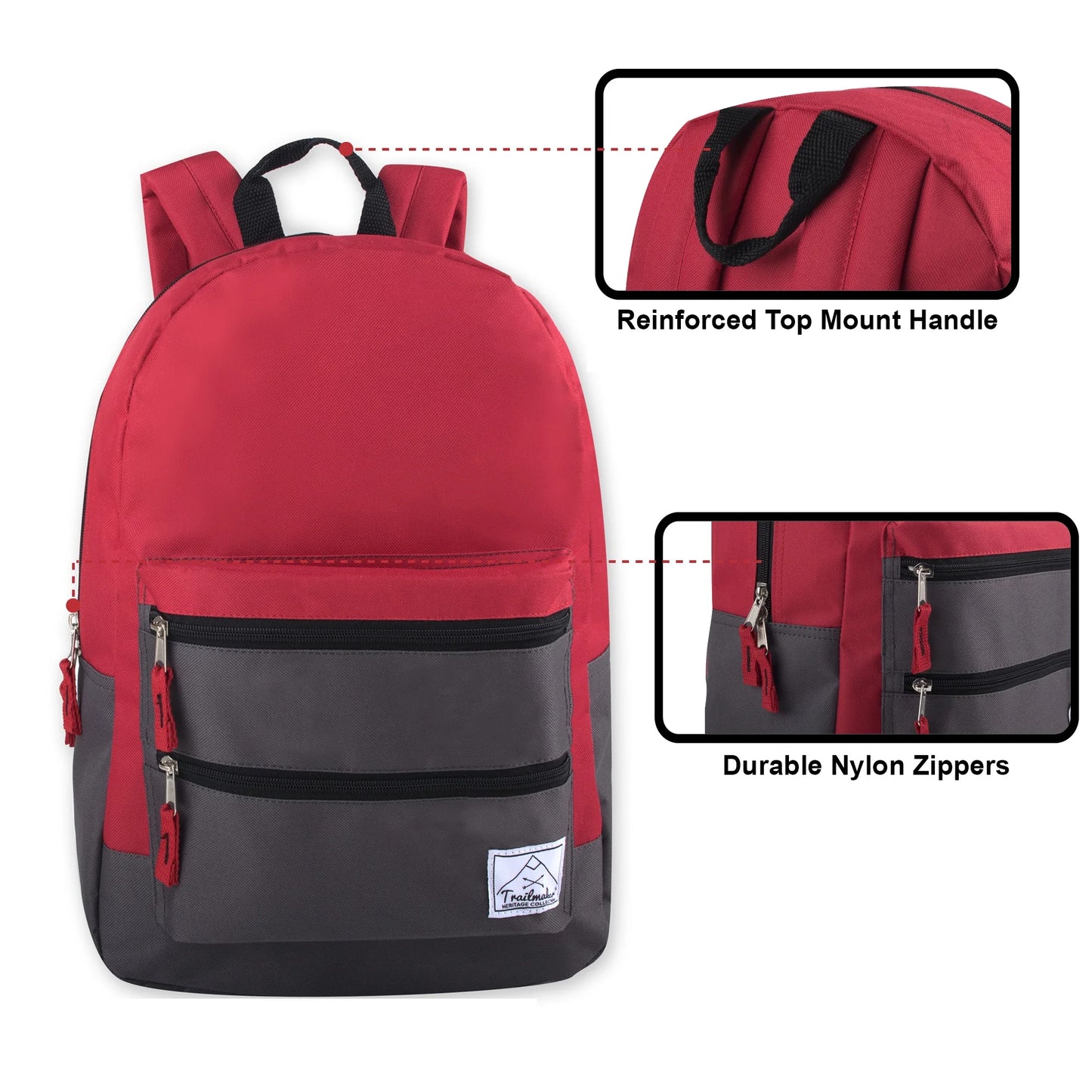 17”L Multi Pocket Dual Zipper Backpack with 2 Front Zippered Accessory Pockets and Large Main Compartment for Work, School, Travel and Commute in Red and Black
