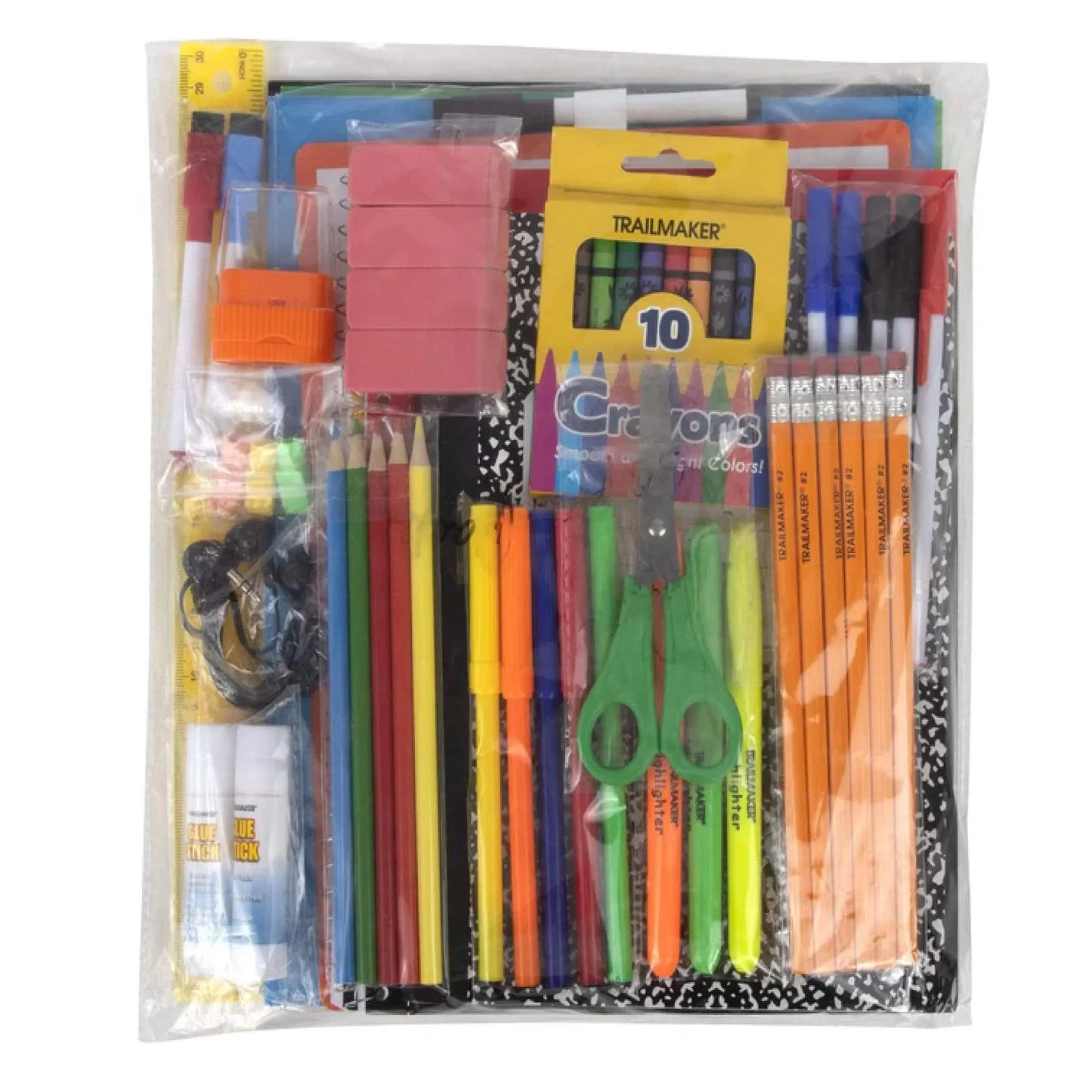 Single 60 Piece Back to School Supplies Kit Containing Spiral Notebooks, Composition Notebook, Folders, Dry Erase Board, Dry Erase Markers, No. 2 Pencils, Pens, Erasers, Markers & More!