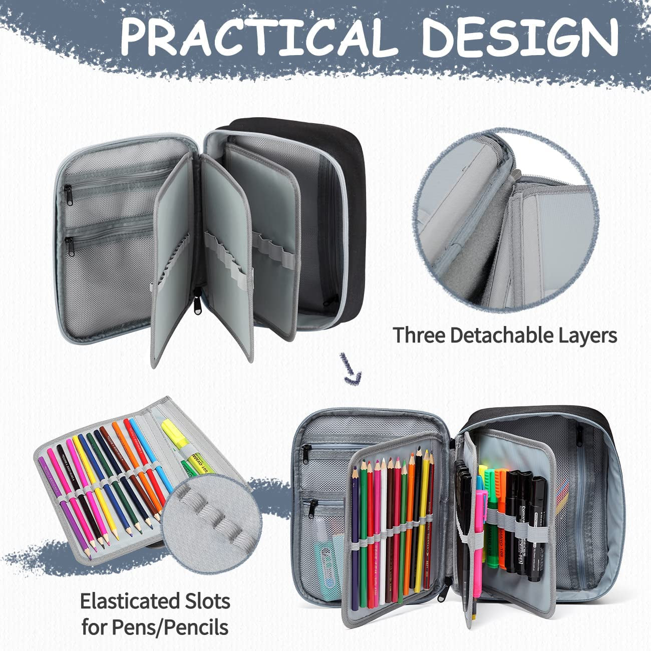 Large Pencil Case, Art Color Pencils Pouch with Detachable Layers Multiple Zip Pockets for School Office Stationary Organization Black