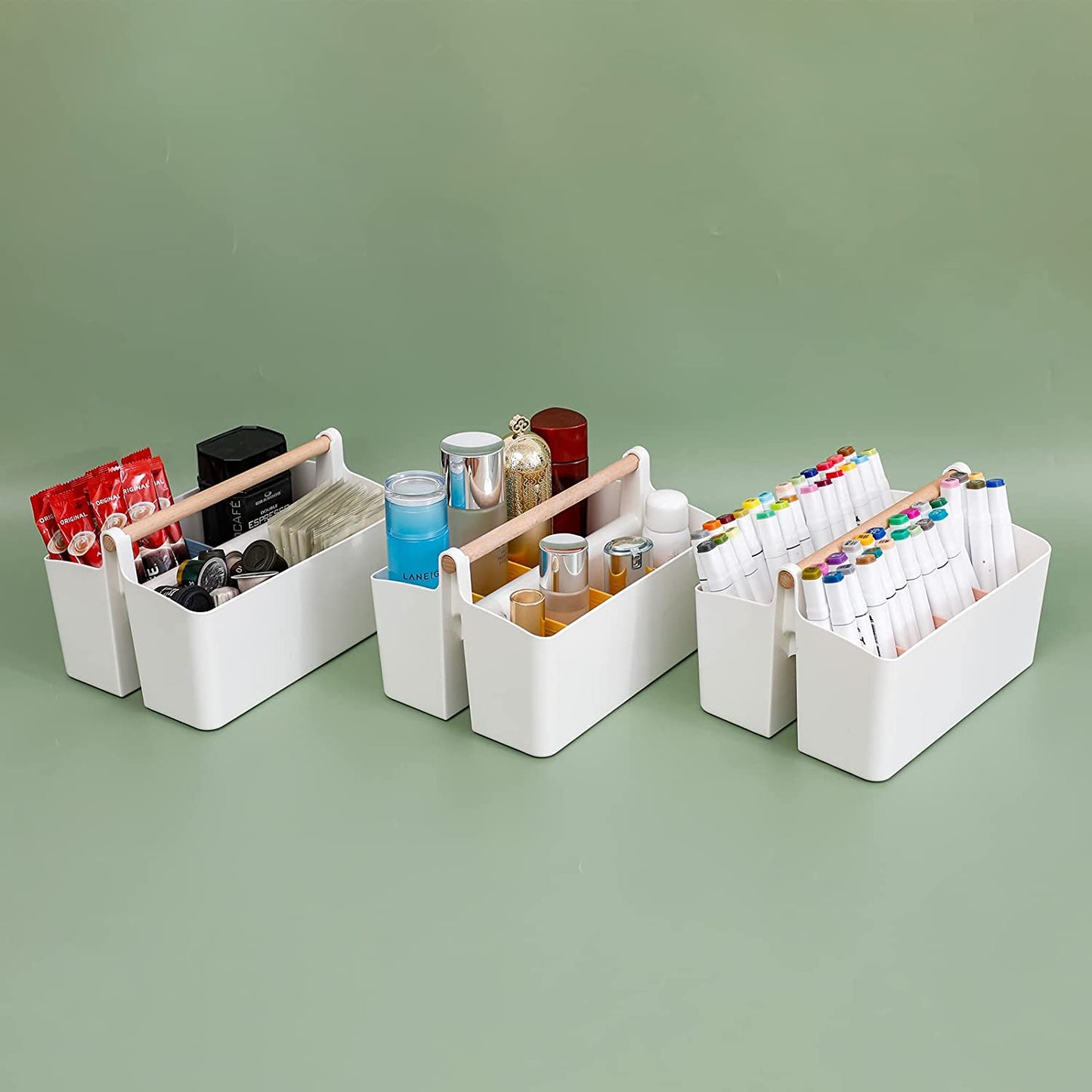 Large Marker Pen Organizer for Desk, Adjustable Pencil Holder for Home Office, Plastic Storage Basket with Wooden Handle for School, Classroom, Art Crafts Supply Caddy (White/Pink - 2 Pack)