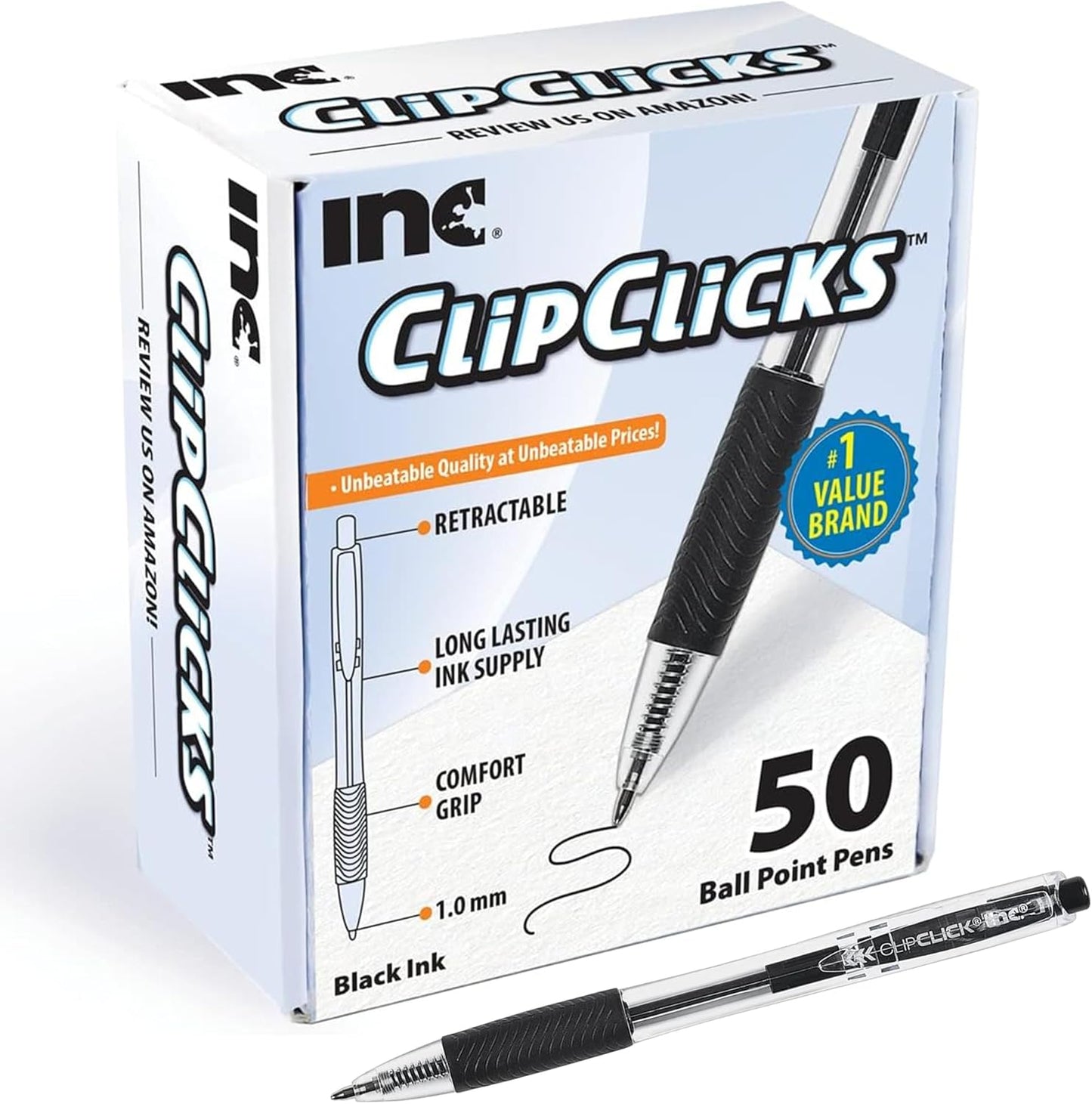 Clipclicks Retractable Ballpoint Pens - Bulk 1.0-Mm Medium-Point Pen Set with Comfort Grip for School, Office, Writing, and Journaling, 50 Count, Black