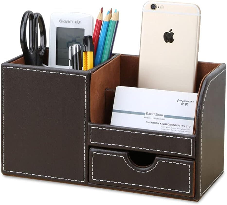 Desk Organizer Office Supplies Caddy Pu Leather Multi-Function Storage Box Pen/Pencil,Cell Phone, Business Name Cards Remote Control Holder with Small Drawer Brown