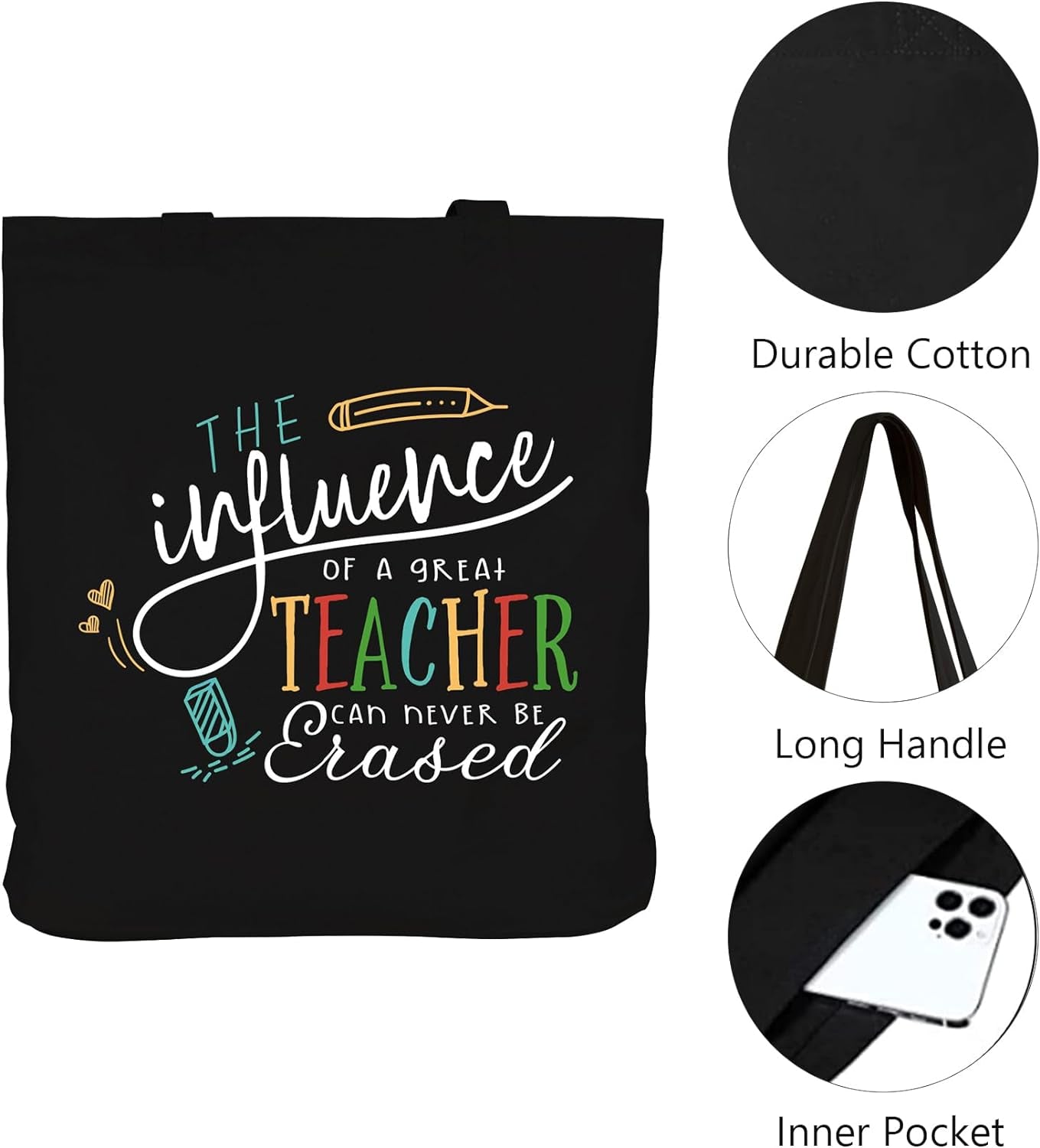 Teacher Gifts for Women Teacher Bag for Appreciation Week Valentines Day Birthday Graduation Christmas Thank You Black Cotton Canvas Tote Shoulder Bag with Interior Pocket