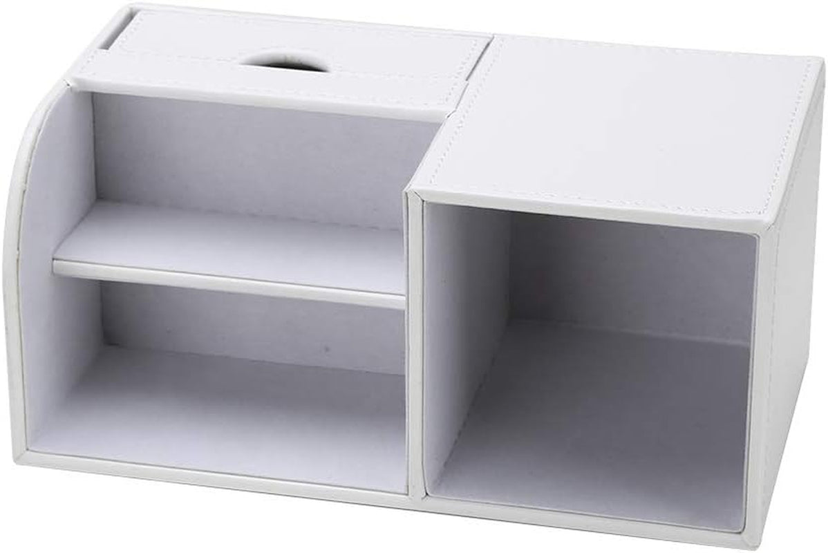 Desk Organizer Office Supplies Caddy Pu Leather Multi-Function Storage Box Pen/Pencil,Cell Phone, Business Name Cards Remote Control Holder with Small Drawer White