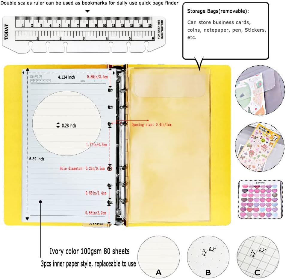 Notebook Daily Journal Writing Lined Metal Aluminum A6 Refill Paper Ring Binder 100Gsm 80 Sheets (160 Pages) Notebooks with Scale Rule, Inner Pocket in Gift Box for Work, Note Taking, Women, Men, Adults, Offices, Schools, Christmas, Birthday, Anniversary (Gold, A5)