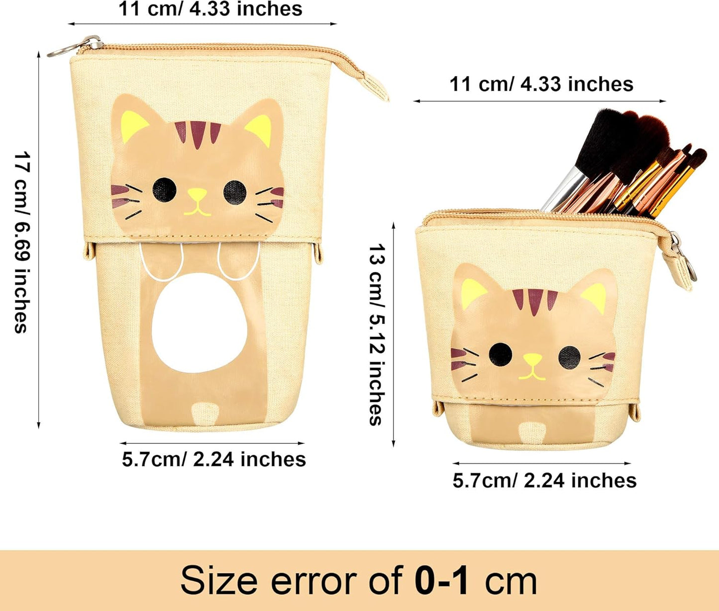 2 Pieces Cute Stand up Pencil Case Canvas PU Cat Pencil Holder Sliding Cartoon Telescopic Pencil Pouch Kitty Pen Organizer Bag with Zippers (Black and Brown Cat)