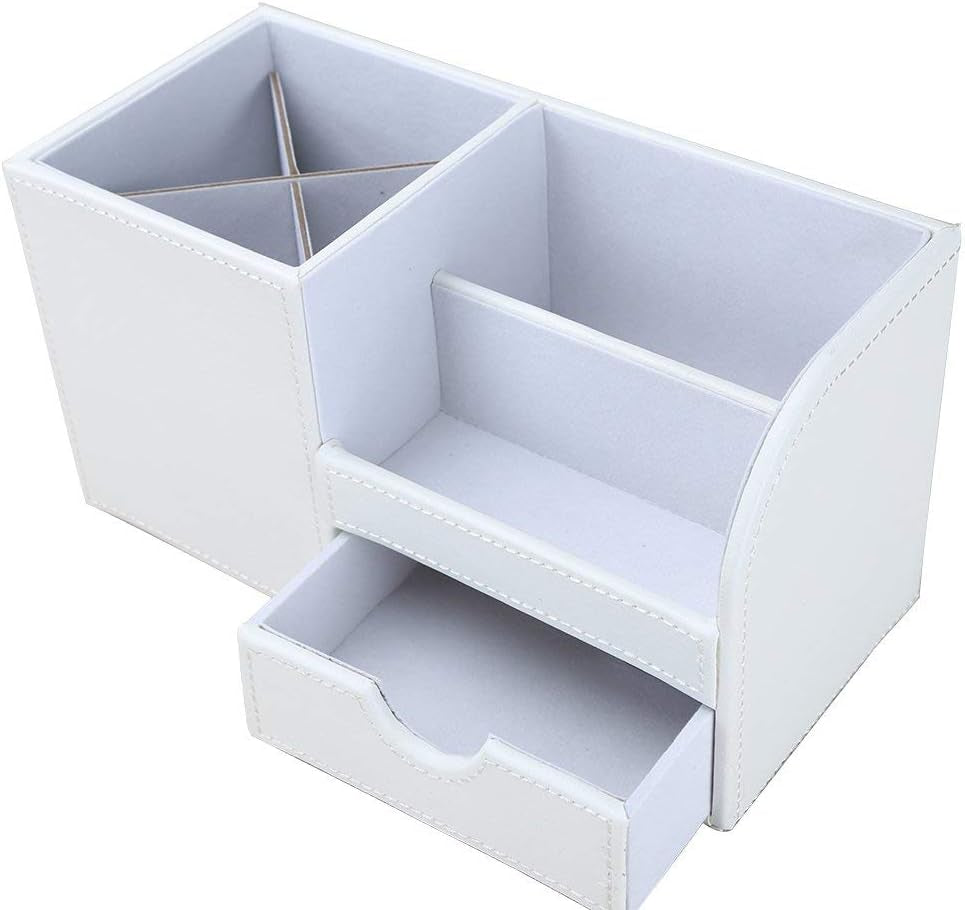 Desk Organizer Office Supplies Caddy Pu Leather Multi-Function Storage Box Pen/Pencil,Cell Phone, Business Name Cards Remote Control Holder with Small Drawer White