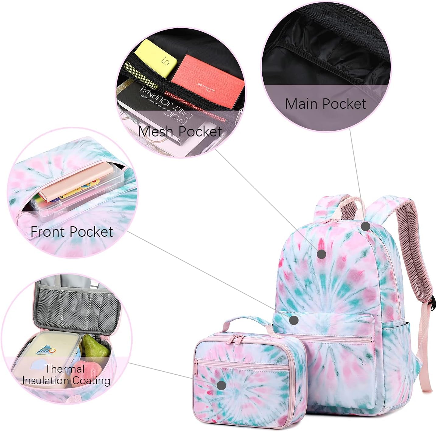Lightweight Tie Dye School Backpacks for Teen Girls Backpack with Lunch Bag (A Tie Dye)