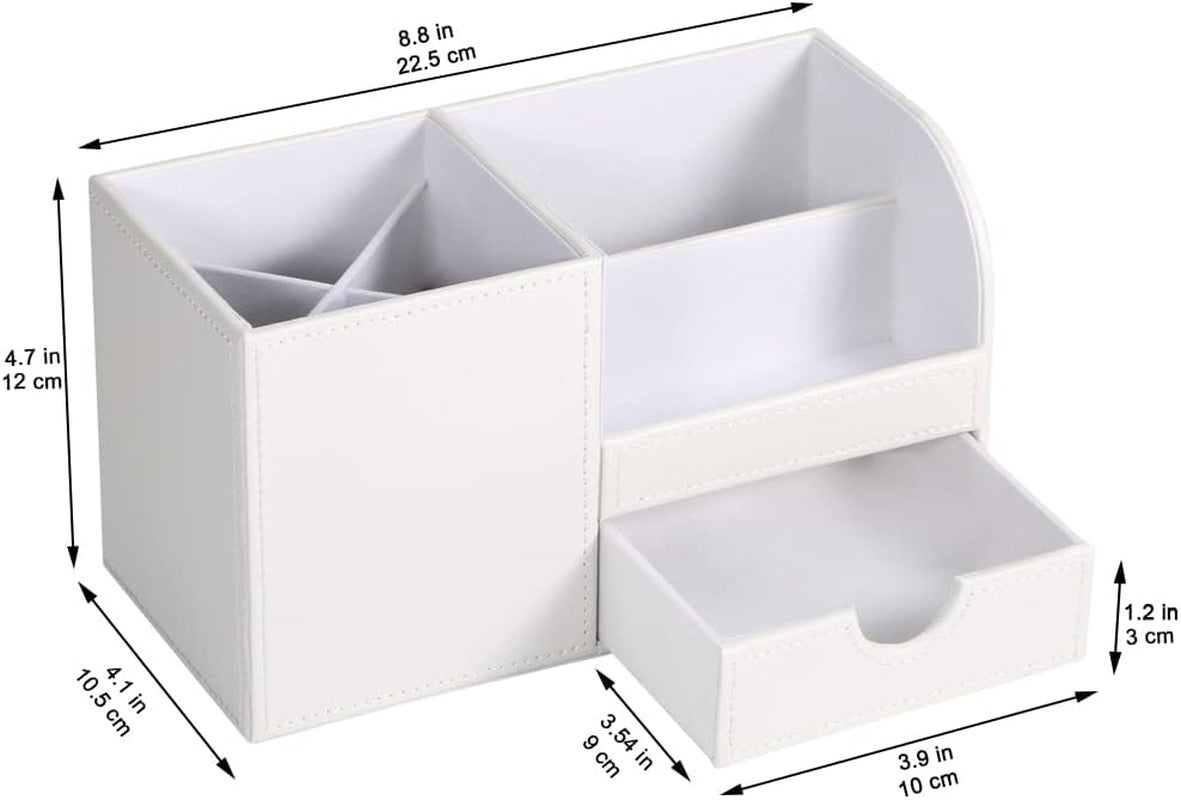 Desk Organizer Office Supplies Caddy Pu Leather Multi-Function Storage Box Pen/Pencil,Cell Phone, Business Name Cards Remote Control Holder with Small Drawer White