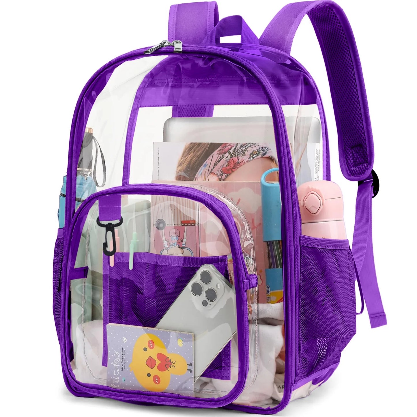 Clear Backpack Heavy Duty Stadium Approved Waterproof PVB Transparent Book Bag with Reinforced Strap for School Work Travel Festival, Purple