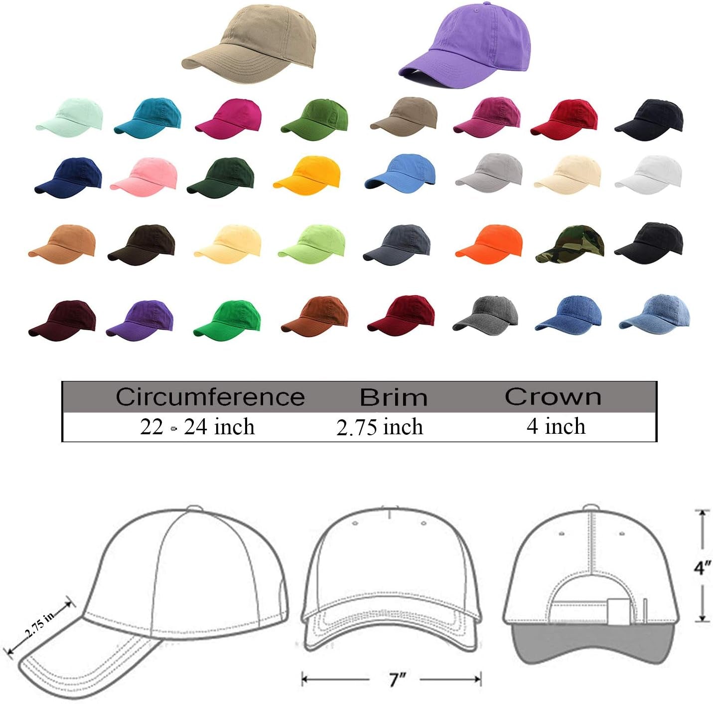 Baseball Cap Dad Hat 100% Cotton Polo Style Plain Blank Adjustable Size