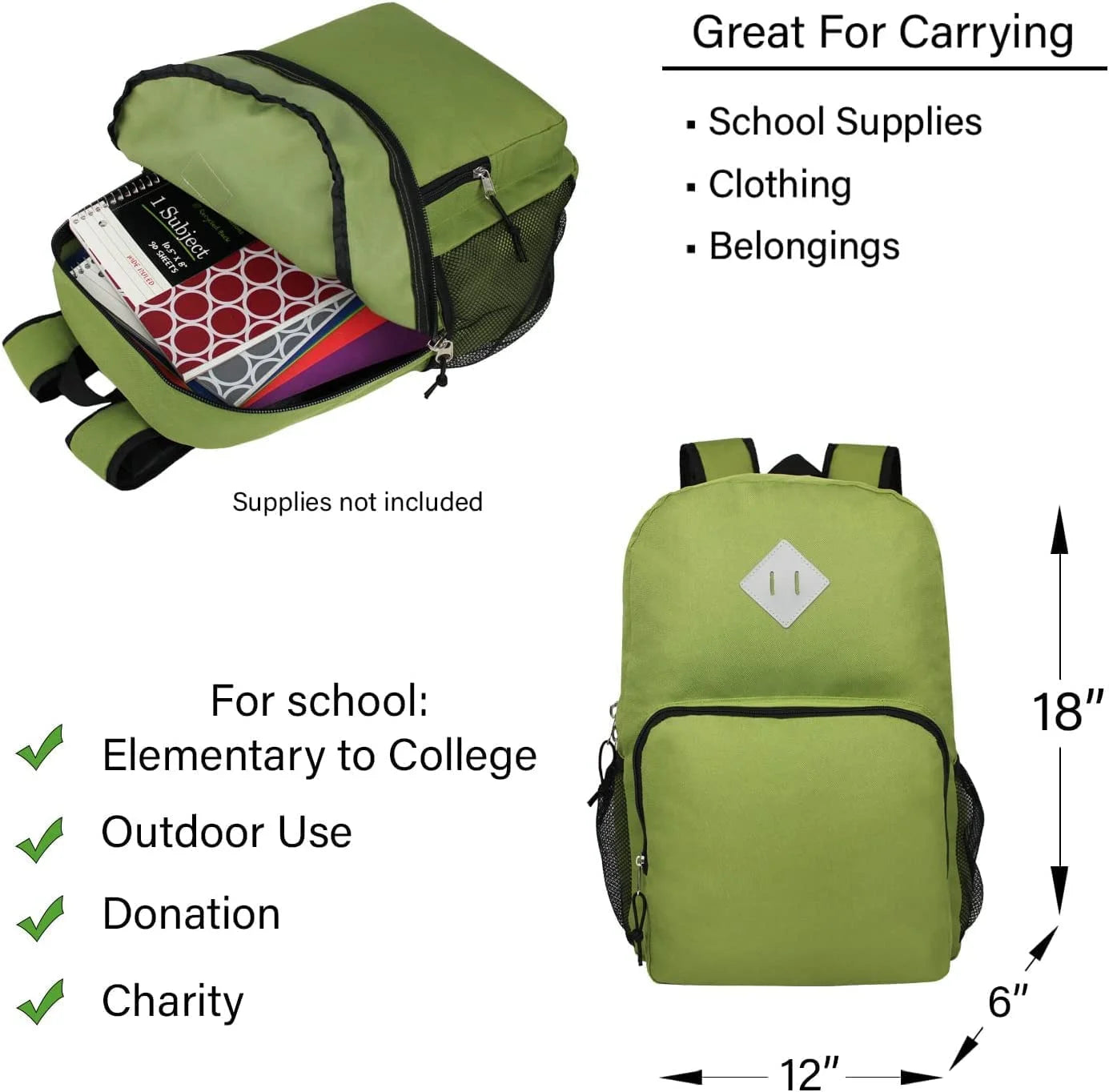 18'' Inch Sport Bulk Backpacks with 52 Piece School Wholesale Supply Kit in 11 Assorted Styles - Case of 12 Pack Bundle