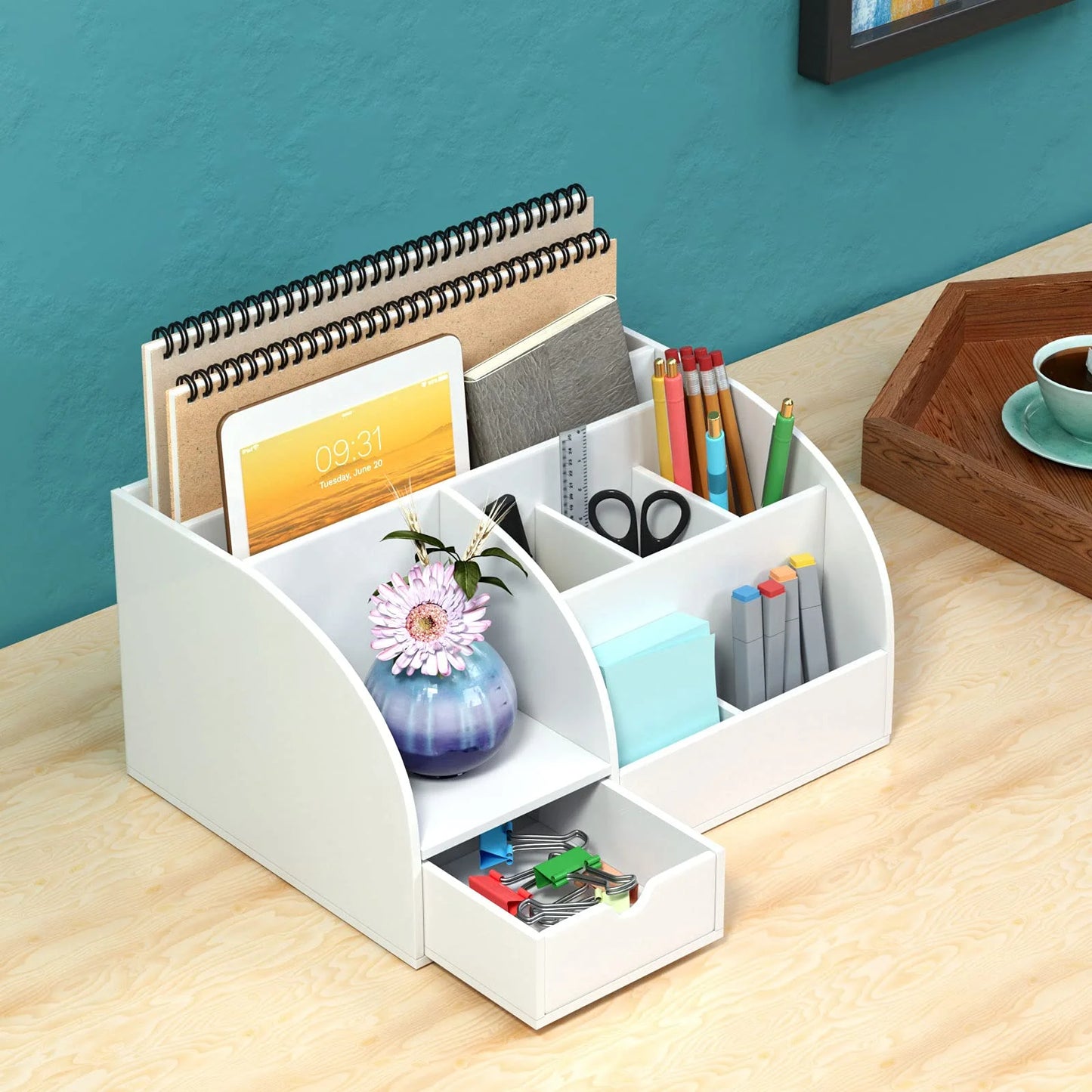 Office Desk Organizer and Accessaries, Acrylic Desk Organizer with 8 Compartments +1 Drawer, Supplies for Desk Caddy Desktop Storage Holder for Desk Accessories, Makeup, Pens