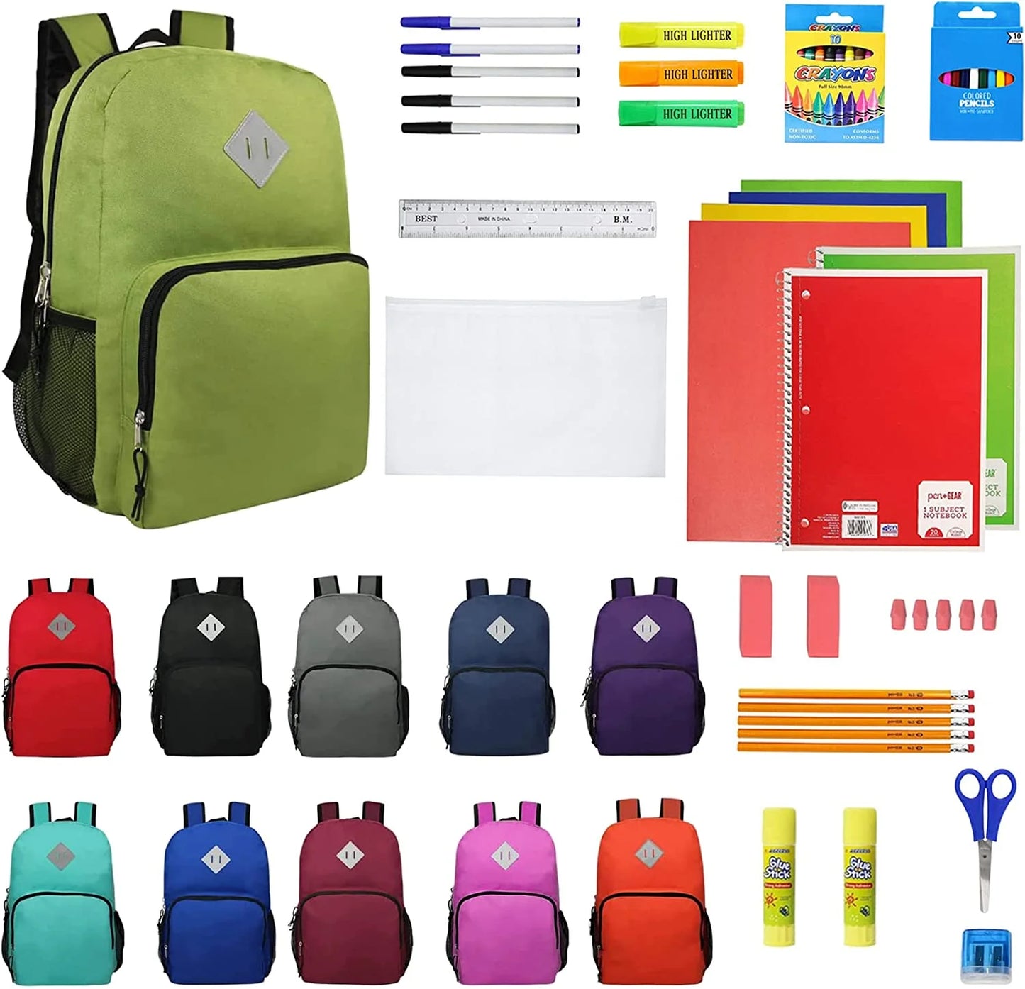 18'' Inch Sport Bulk Backpacks with 52 Piece School Wholesale Supply Kit in 11 Assorted Styles - Case of 12 Pack Bundle