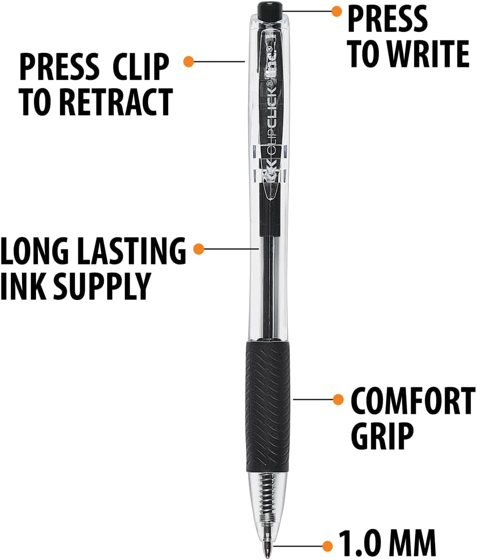 Clipclicks Retractable Ballpoint Pens - Bulk 1.0-Mm Medium-Point Pen Set with Comfort Grip for School, Office, Writing, and Journaling, 50 Count, Black