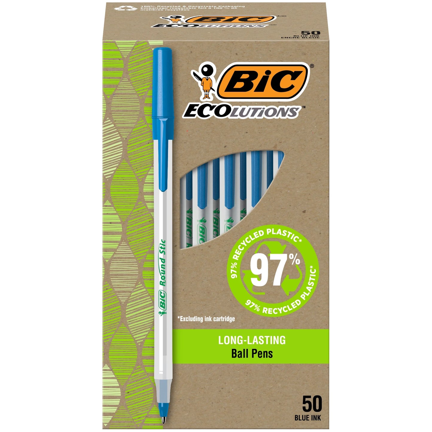 Ecolutions round Stic Ball Point Pen, Blue, 1.0Mm Medium Point, 50 Pack