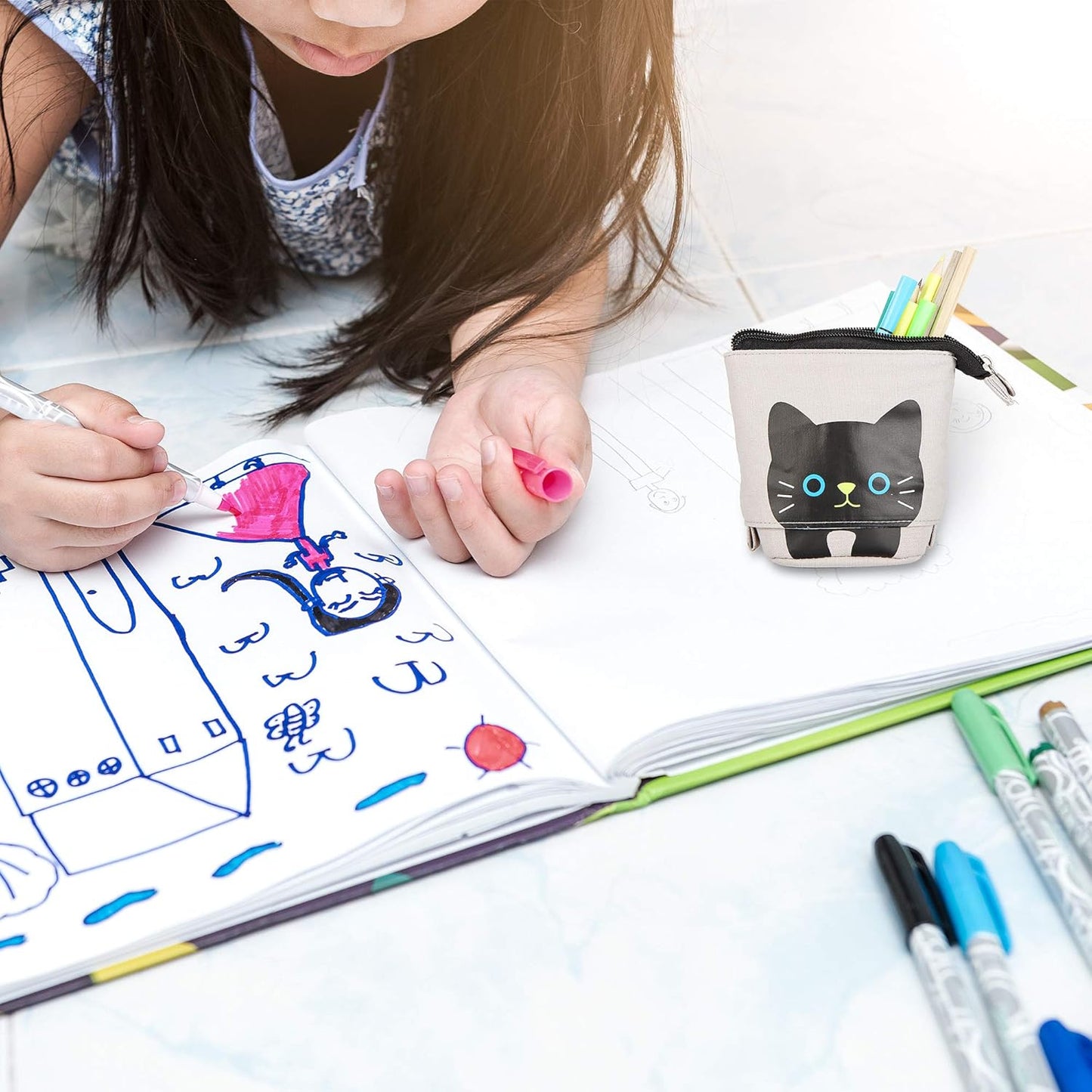 2 Pieces Cute Stand up Pencil Case Canvas PU Cat Pencil Holder Sliding Cartoon Telescopic Pencil Pouch Kitty Pen Organizer Bag with Zippers (Black and Brown Cat)