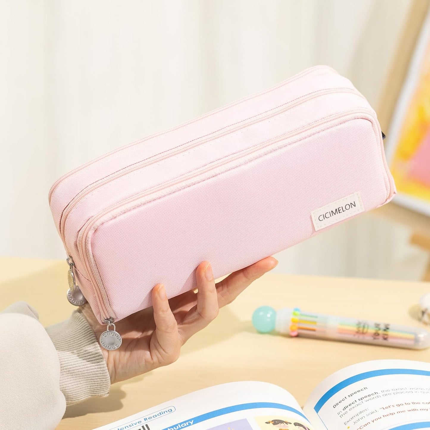 Large Capacity Pencil Case 3 Compartment Pouch Pen Bag for School Teen Girl Boy Men Women (Pink)
