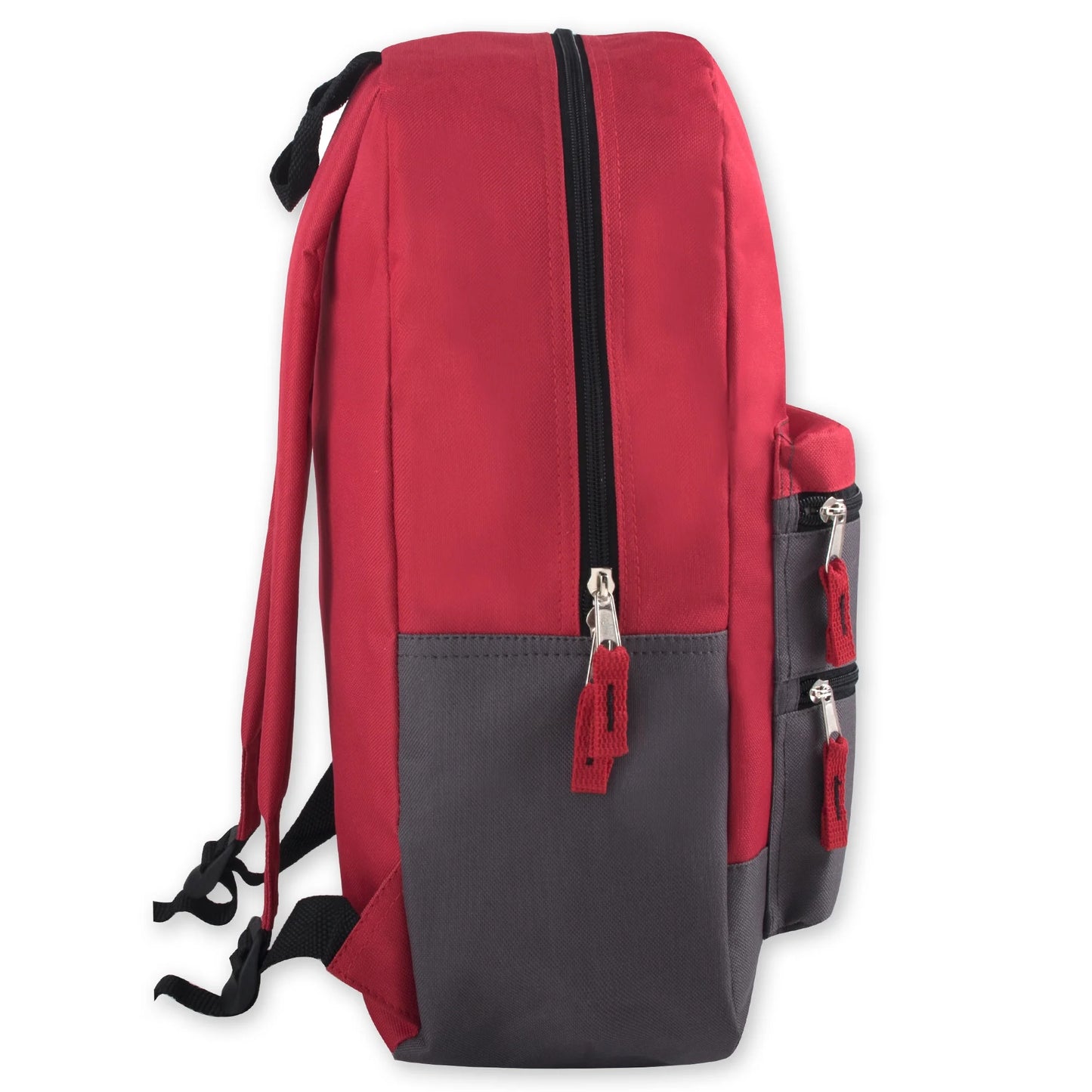17”L Multi Pocket Dual Zipper Backpack with 2 Front Zippered Accessory Pockets and Large Main Compartment for Work, School, Travel and Commute in Red and Black
