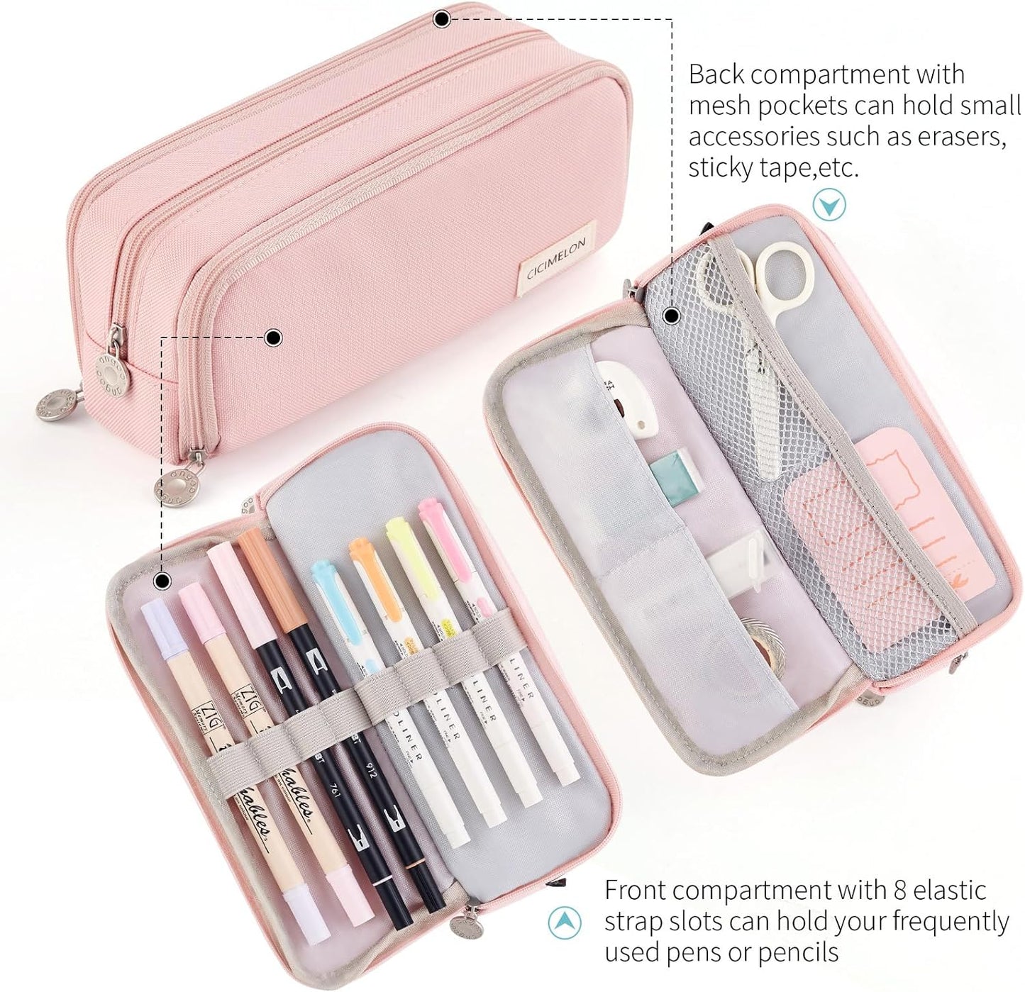Large Capacity Pencil Case 3 Compartment Pouch Pen Bag for School Teen Girl Boy Men Women (Pink)
