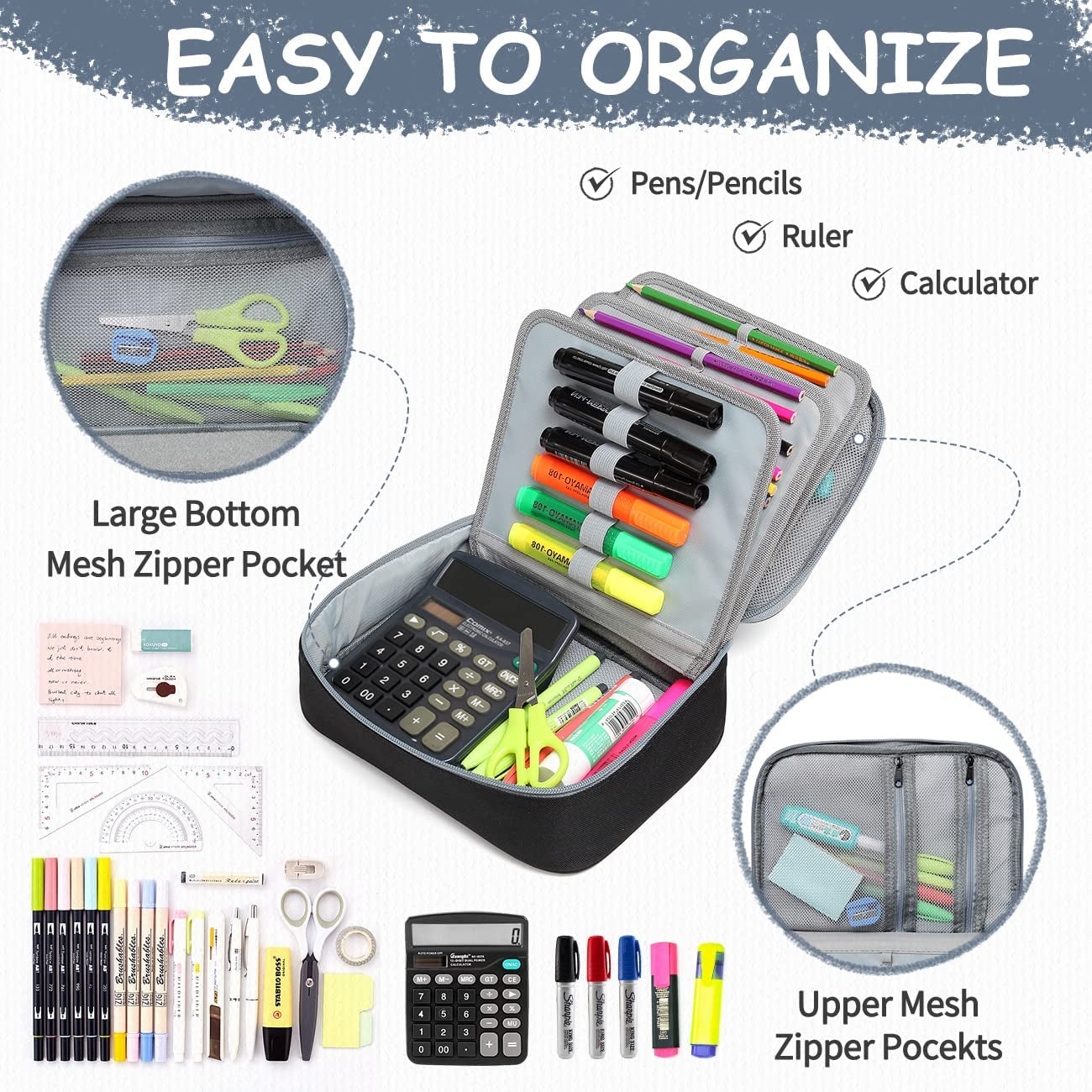 Large Pencil Case, Art Color Pencils Pouch with Detachable Layers Multiple Zip Pockets for School Office Stationary Organization Black