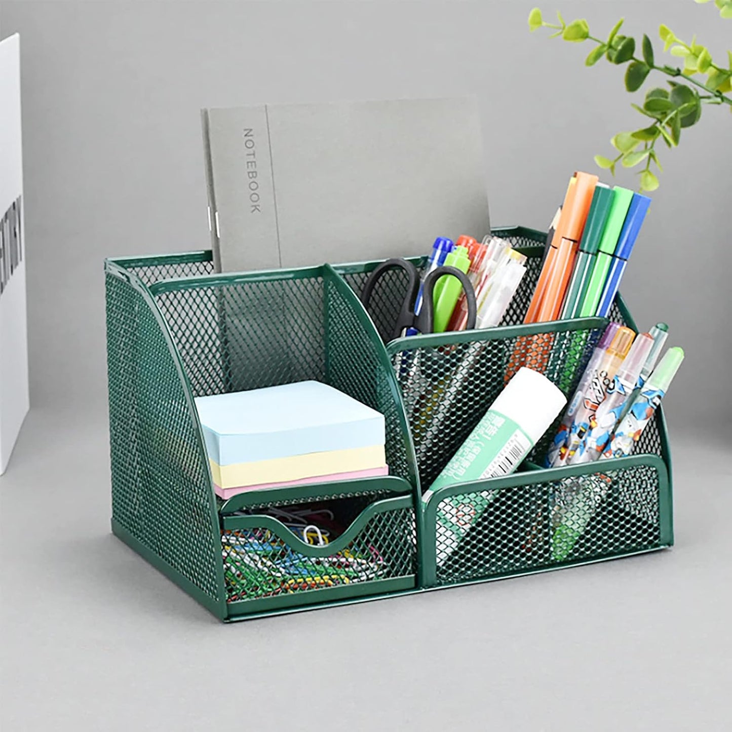 Office Supply Caddy Metal Mesh Desktop Supplies Organizer School Supply Holder Stuff Storage Organizer 6 Compartments with Drawer (Olive Green)