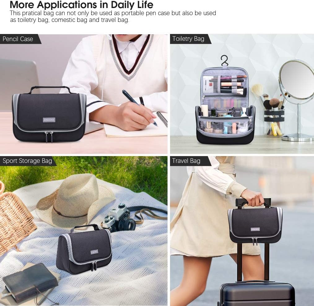 Big Capacity Pen Pencil Case Holder Bag Pen Organizer Pouch Stationery Box Oxford Cloth Dry-Wet Separation Portable Travel Hanging Bag Toiletry Bag for School Home Office (Black)