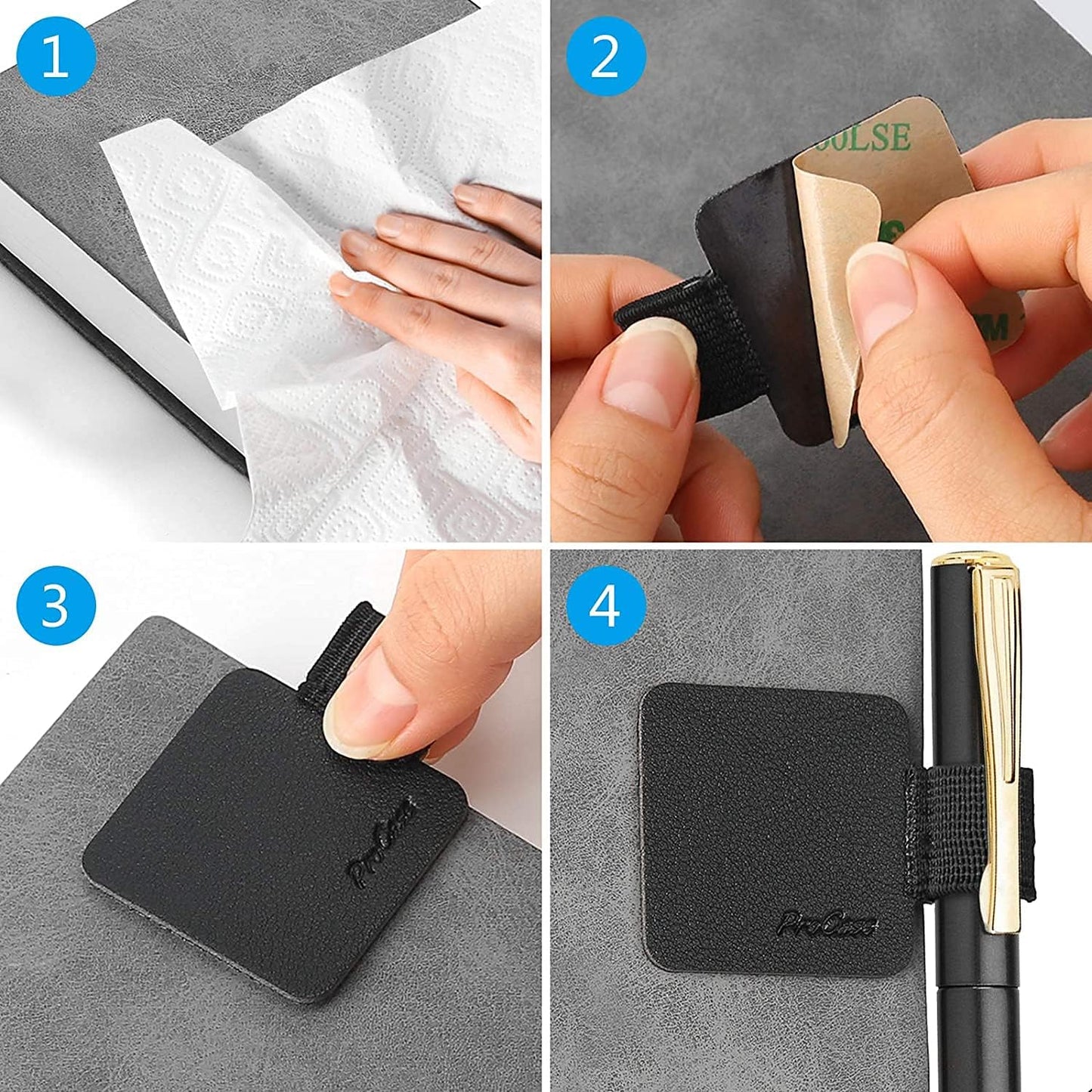 (5 Pack) Pen Loop Holder for Notebooks Journals Planners Tablet Case, Self Adhesive Leather Pencil Holder with Elastic Loop for Pens, Apple Pencil, Stylus Pen -Black