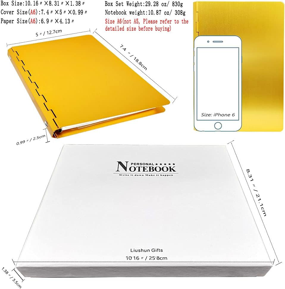 Notebook Daily Journal Writing Lined Metal Aluminum A6 Refill Paper Ring Binder 100Gsm 80 Sheets (160 Pages) Notebooks with Scale Rule, Inner Pocket in Gift Box for Work, Note Taking, Women, Men, Adults, Offices, Schools, Christmas, Birthday, Anniversary (Gold, A5)