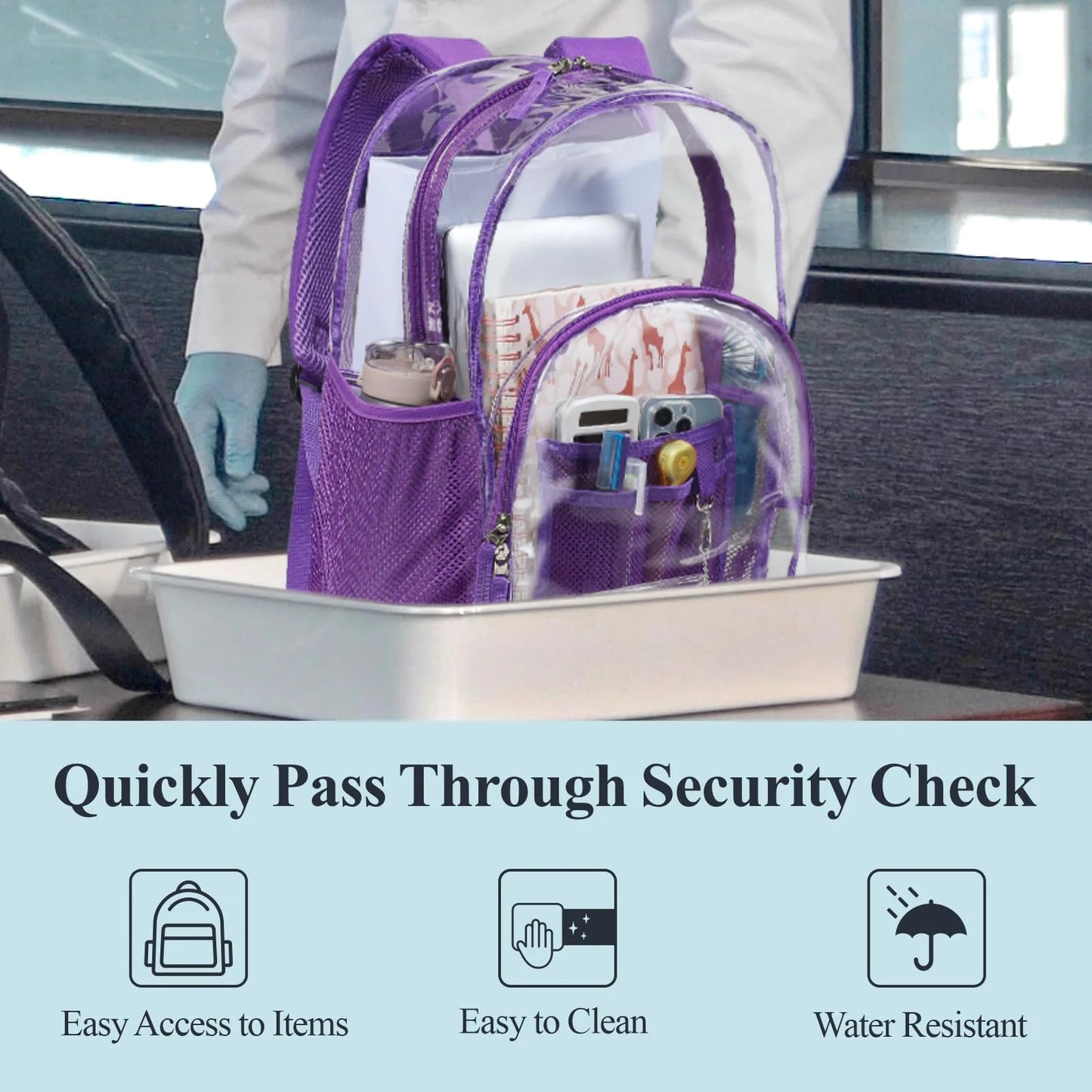 Clear Backpack Heavy Duty Stadium Approved Waterproof PVB Transparent Book Bag with Reinforced Strap for School Work Travel Festival, Purple