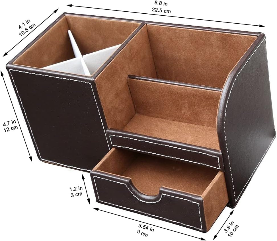 Desk Organizer Office Supplies Caddy Pu Leather Multi-Function Storage Box Pen/Pencil,Cell Phone, Business Name Cards Remote Control Holder with Small Drawer Brown