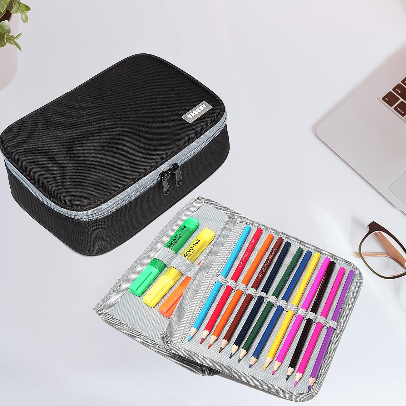 Large Pencil Case, Art Color Pencils Pouch with Detachable Layers Multiple Zip Pockets for School Office Stationary Organization Black